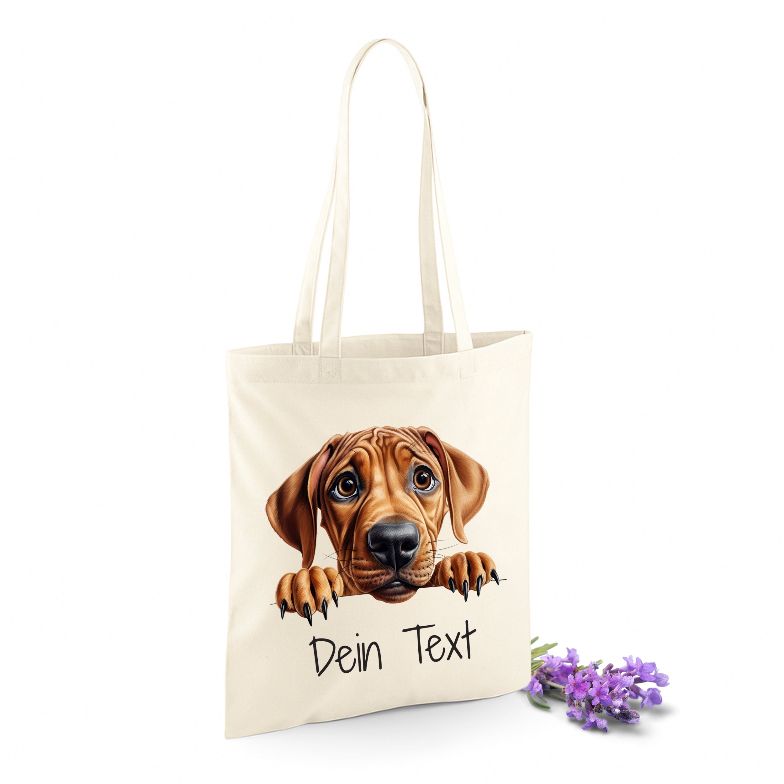 Beige Tasche mit Hundemotiv und personalisierbarem Text.