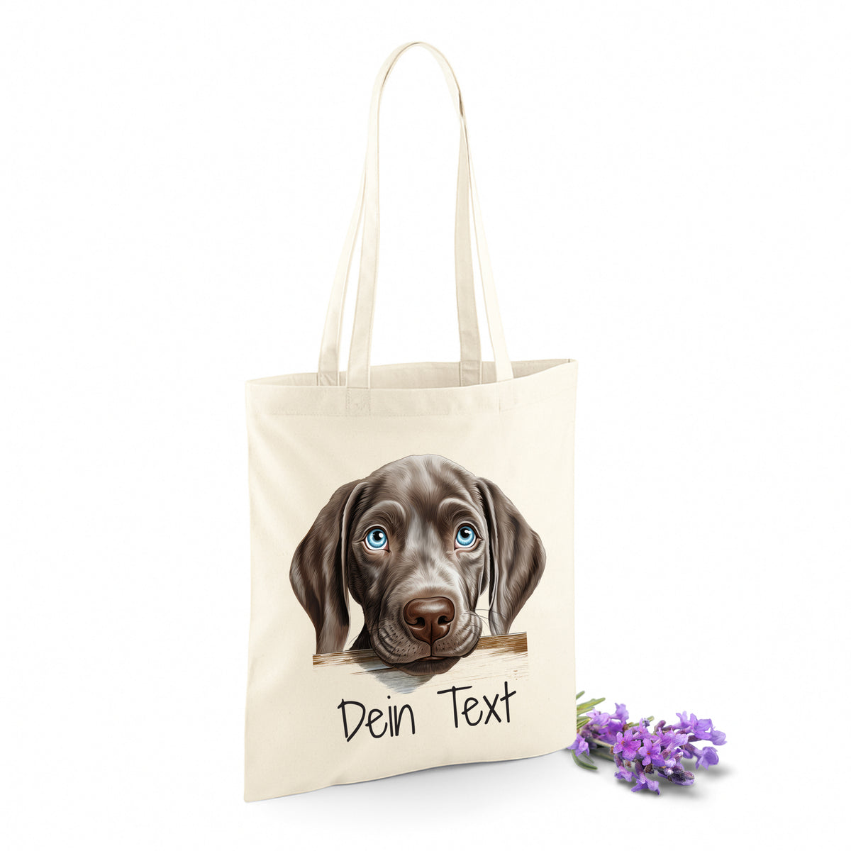 Beige Tasche mit Hundemotiv und personalisierbarem Text.