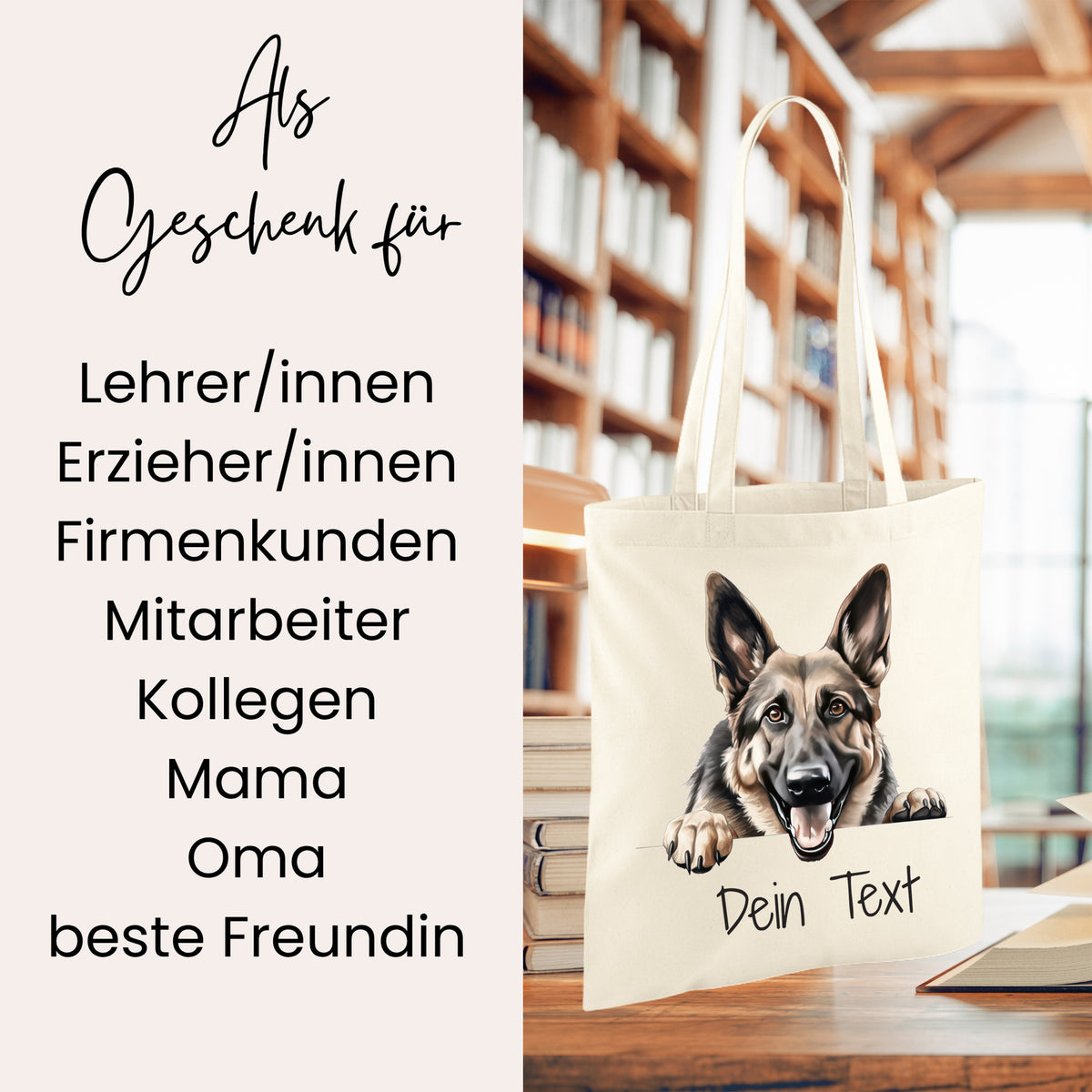 Beige Tasche mit Hundemotiv und personalisierbarem Text.