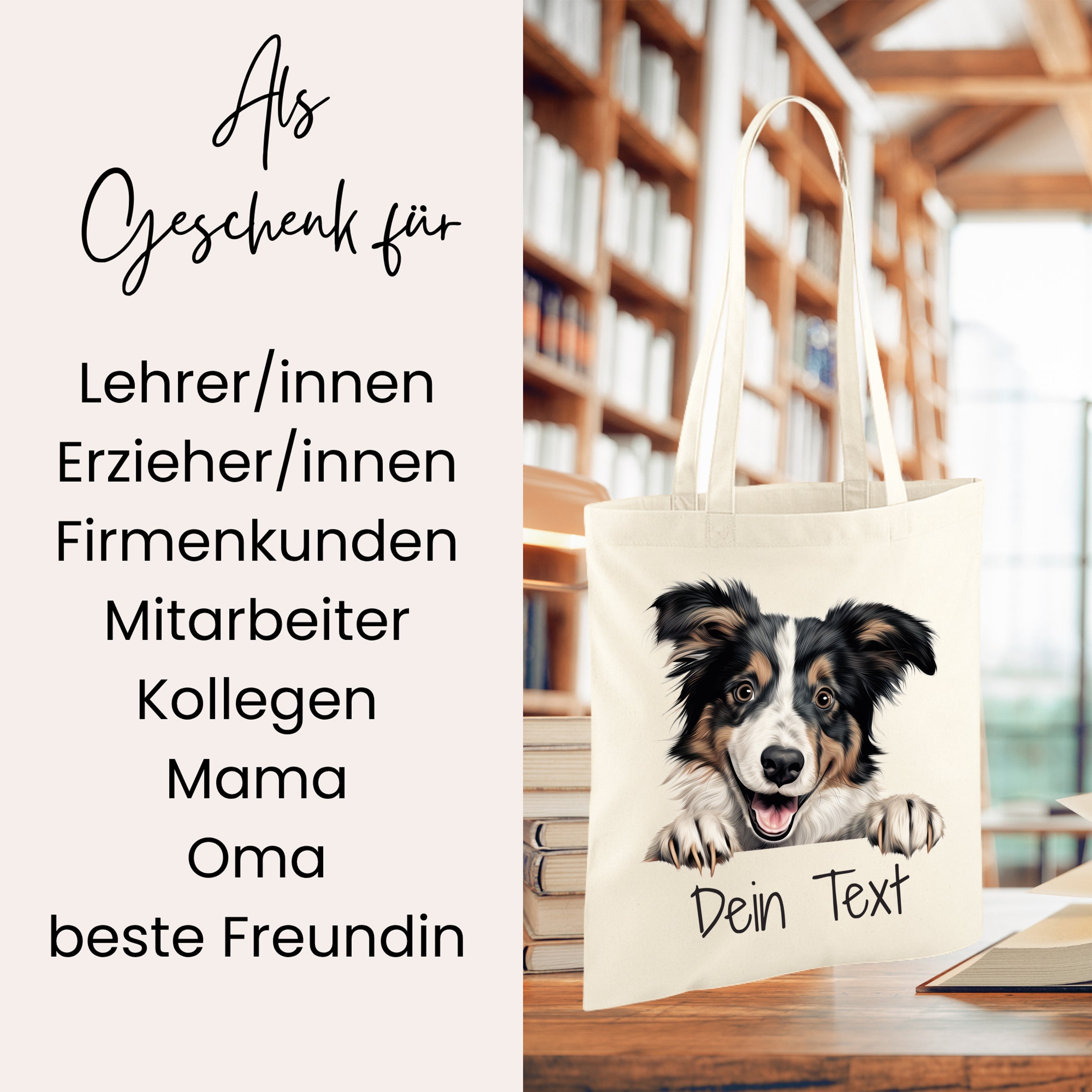 Beige Stofftasche mit Hundemotiv und personalisierbarem Text.