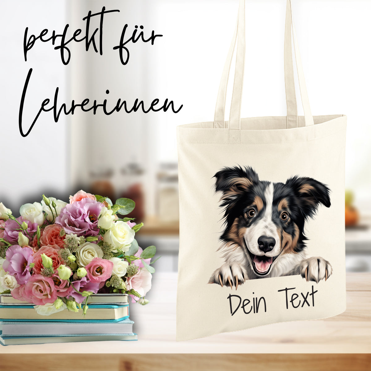 Beige Tasche mit Hundemotiv und personalisierbarem Text.