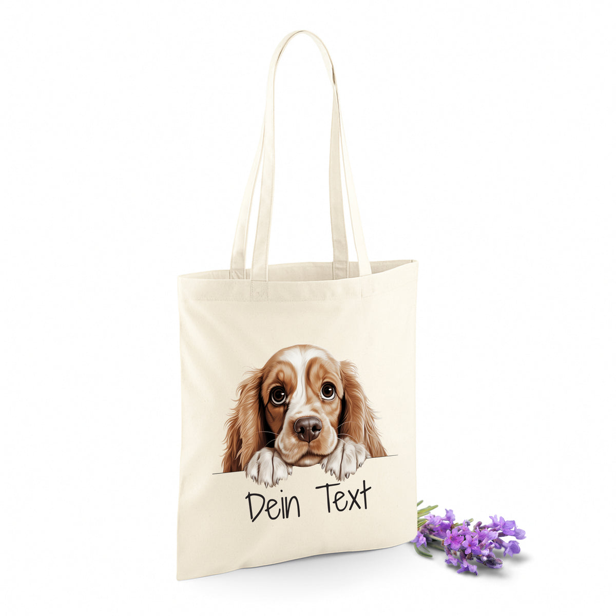 Beige Tasche mit Hundemotiv und personalisierbarem Text.