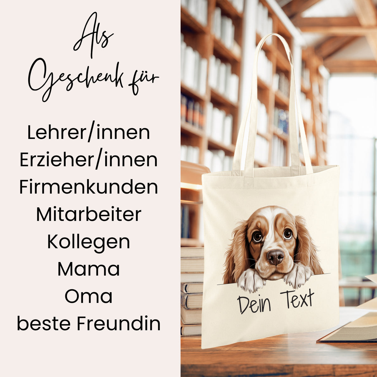 Beige Tragetasche mit Hundemotiv und personalisierbarem Text.