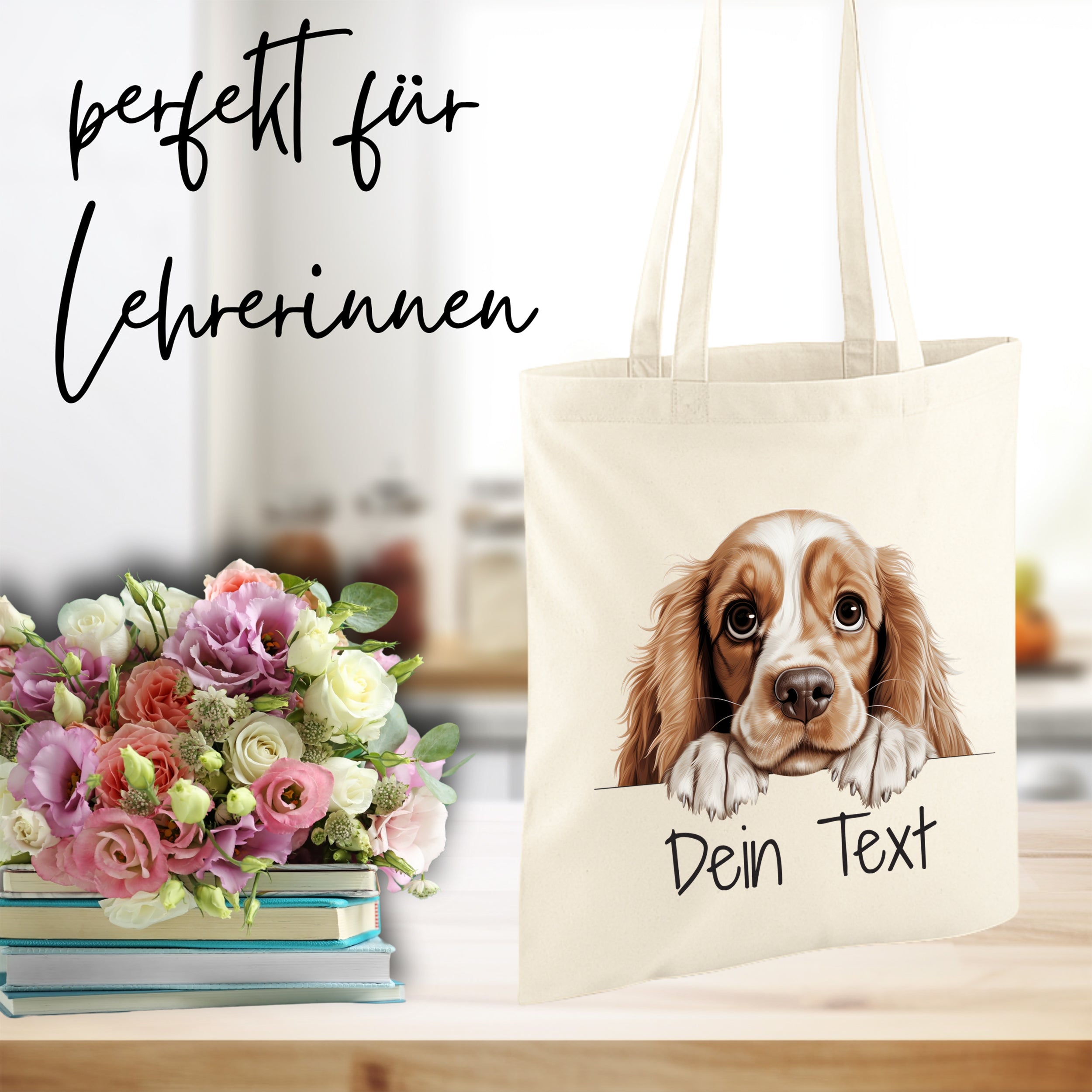 Beige Stofftasche mit Hundemotiv und personalisierbarem Text.