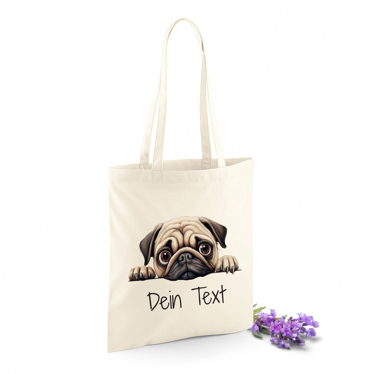 Beige Stofftasche mit Pug-Motiv und personalisierbarem Text.
