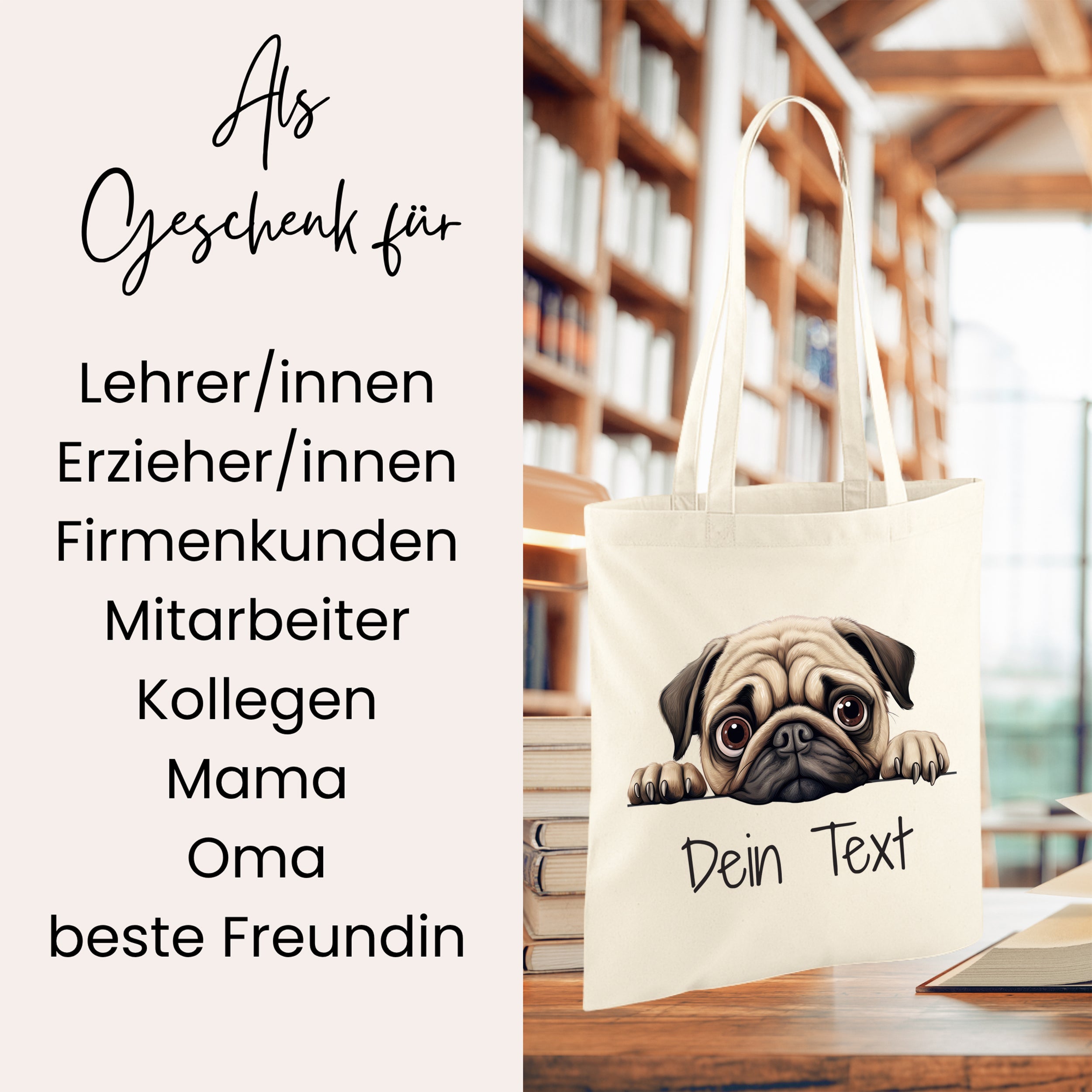 Beige Tragetasche mit Pug-Motiv und personalisierbarem Text.