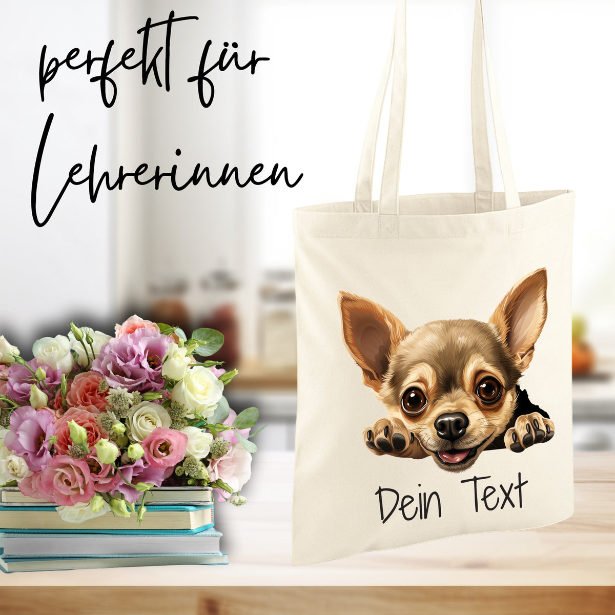 Beige Tasche mit Chihuahua-Motiv und personalisierbarem Text.
