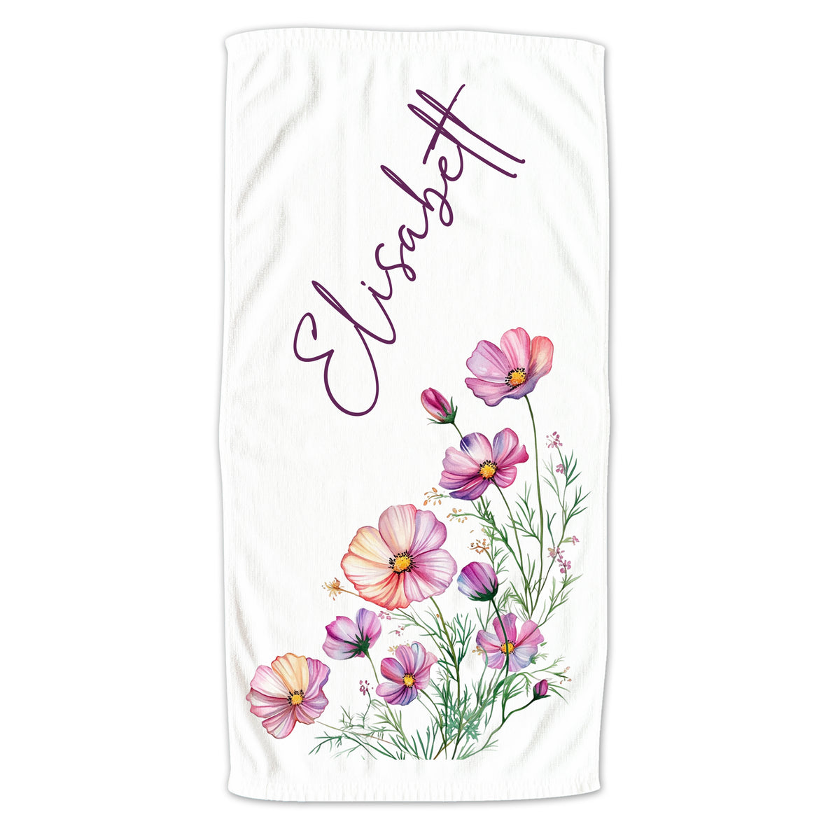 Weißes Handtuch mit bunten Blumen und dem Namen Elisabet.