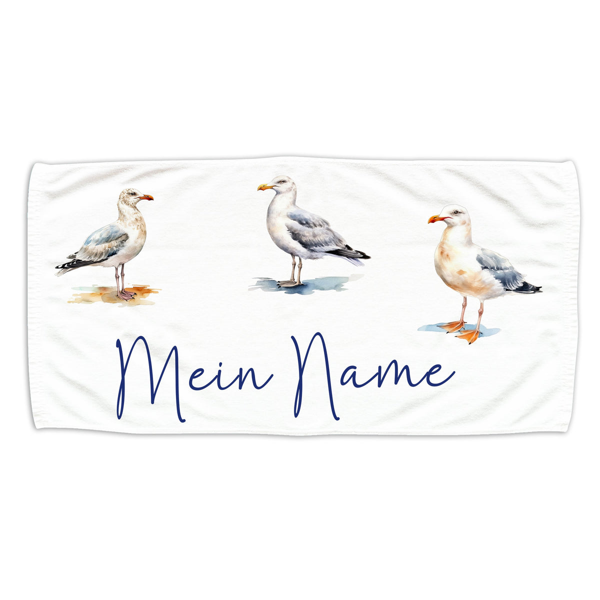 Strandtuch mit drei Möwen und personalisiertem Namen.