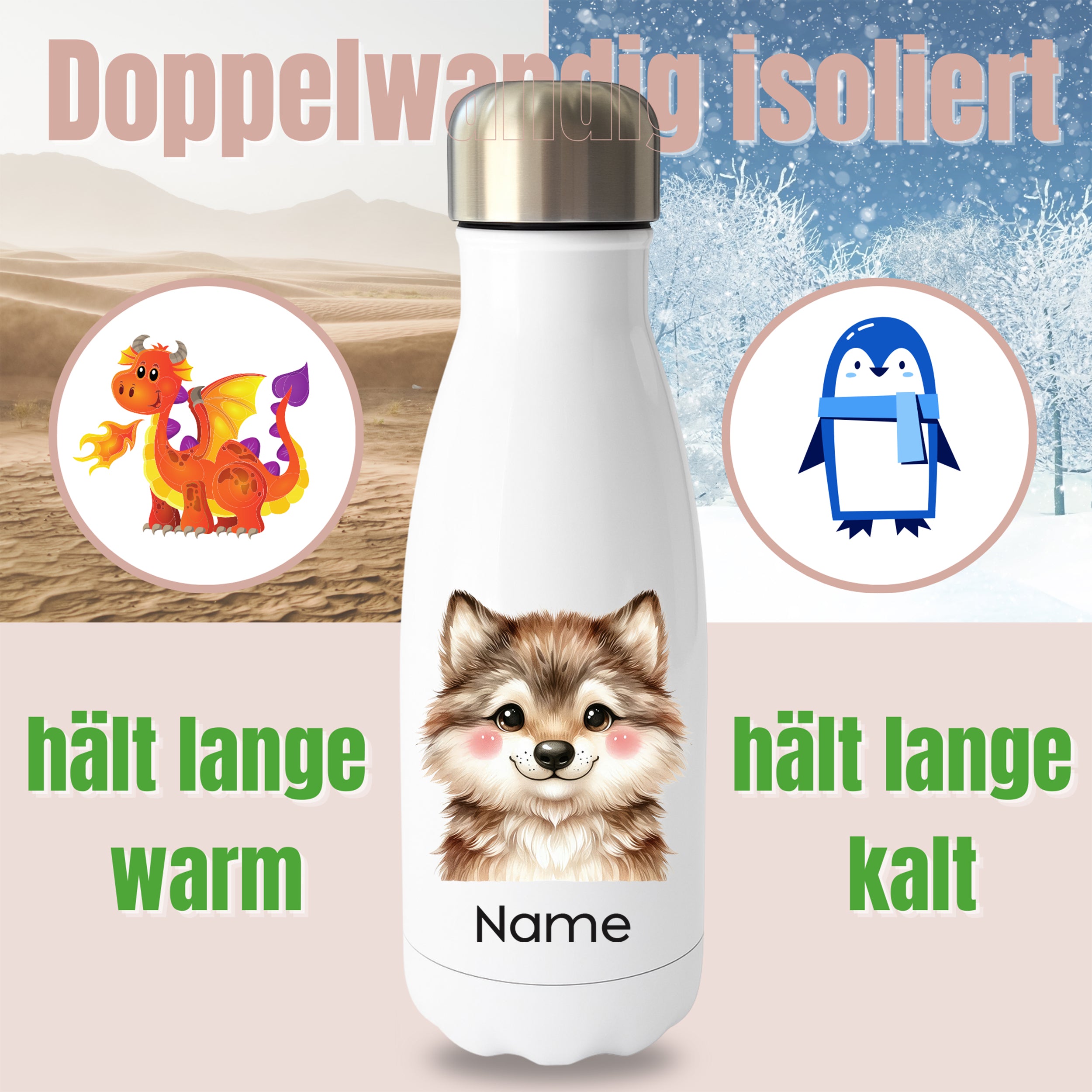 Weiße Thermoflasche mit Wolfsmotiv und Wunschname vor Produktgrafik