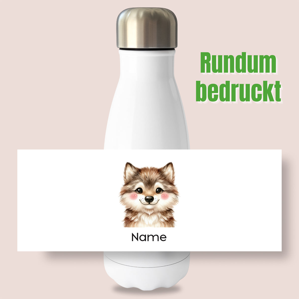 Weiße Thermoflasche mit Wolfsmotiv und Wunschname, Detailansicht des Druckmotivs