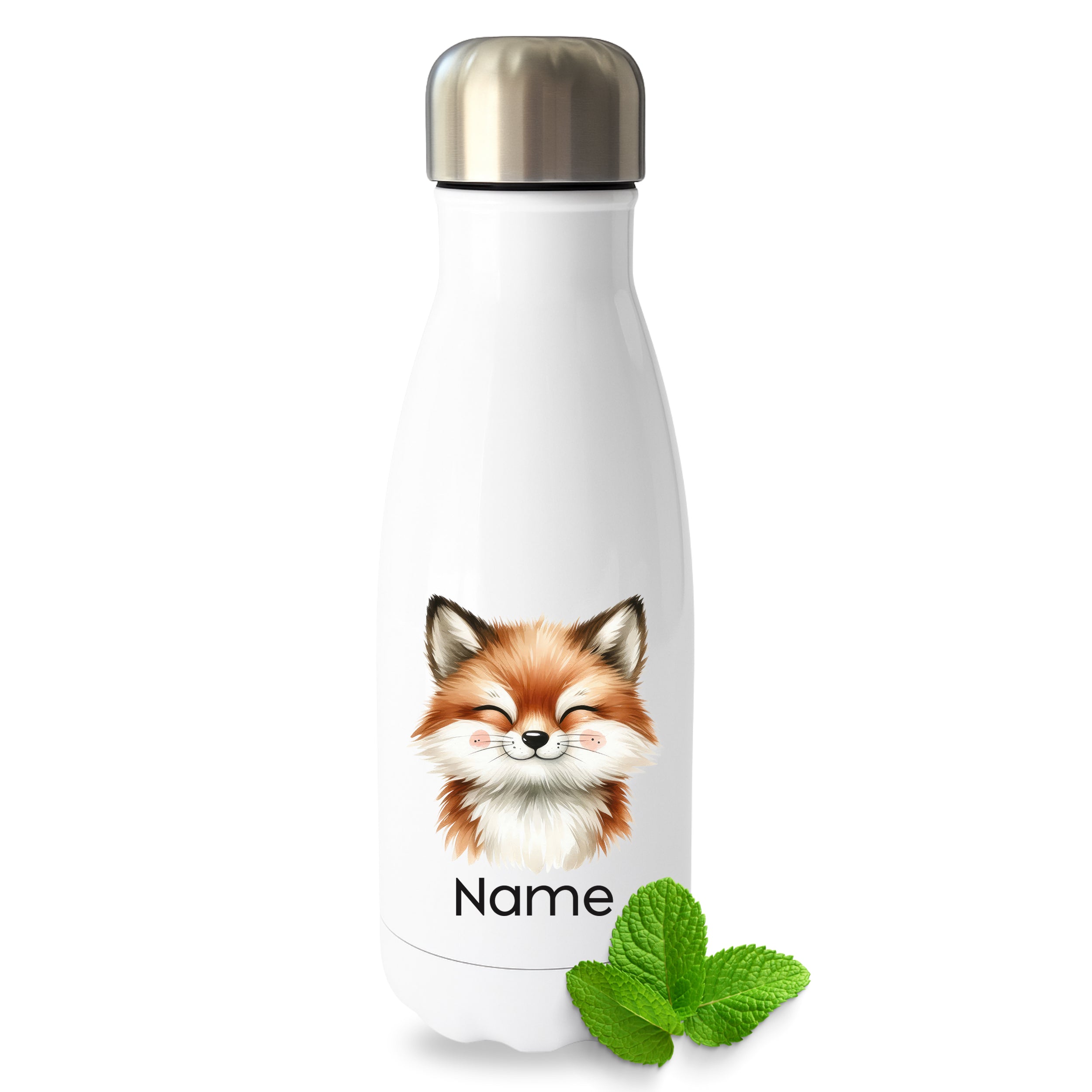 Weiße Thermoflasche mit Fuchsmotiv und Wunschname