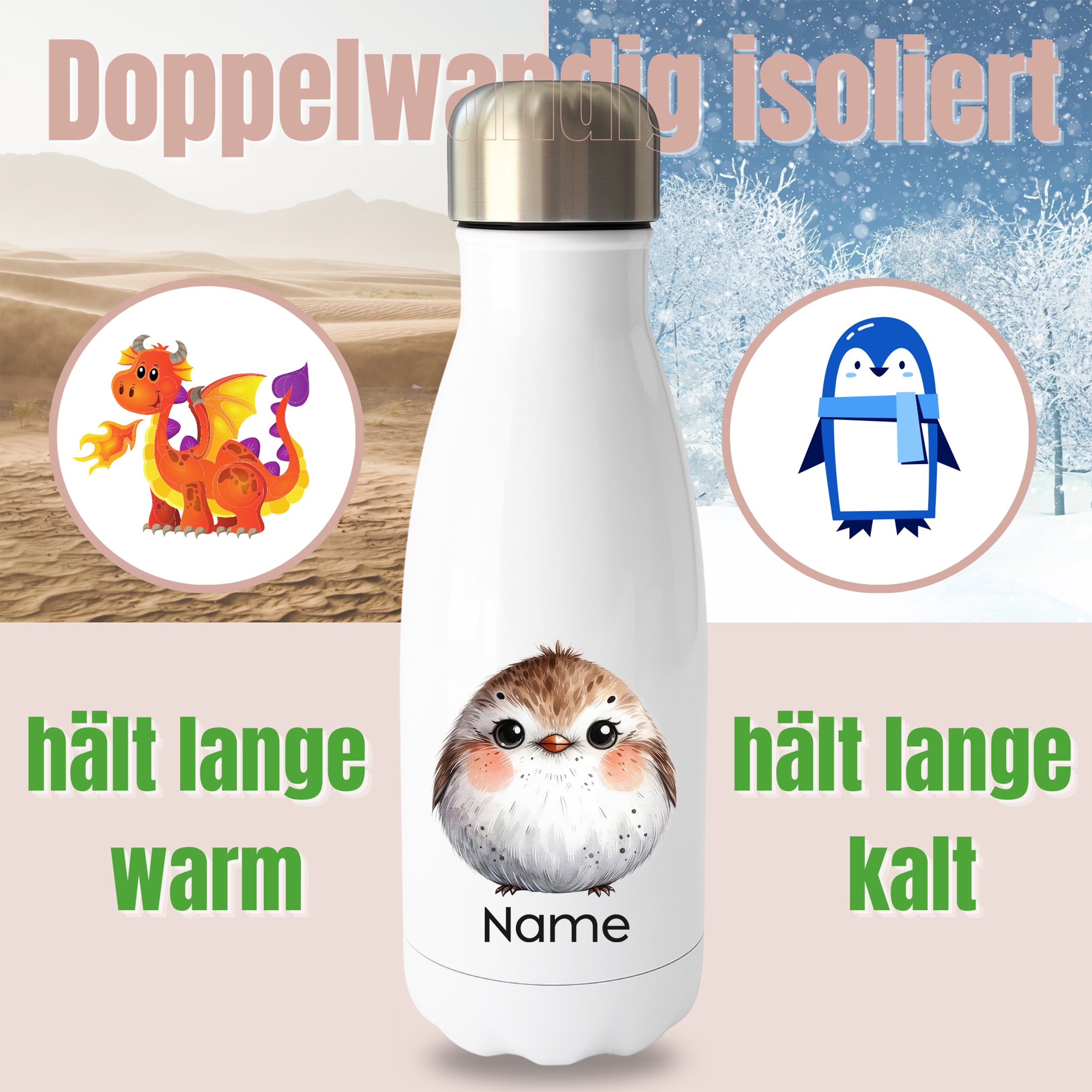 Weiße Thermoflasche mit Rotkehlchenmotiv und Wunschname vor Produktgrafik