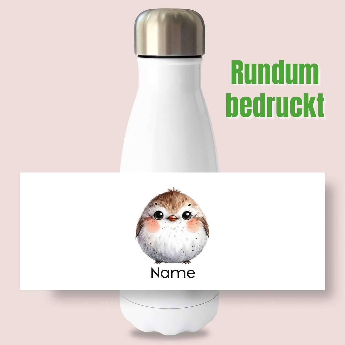 Weiße Thermoflasche mit Rotkehlchenmotiv und Wunschname, Detailansicht des Druckmotivs