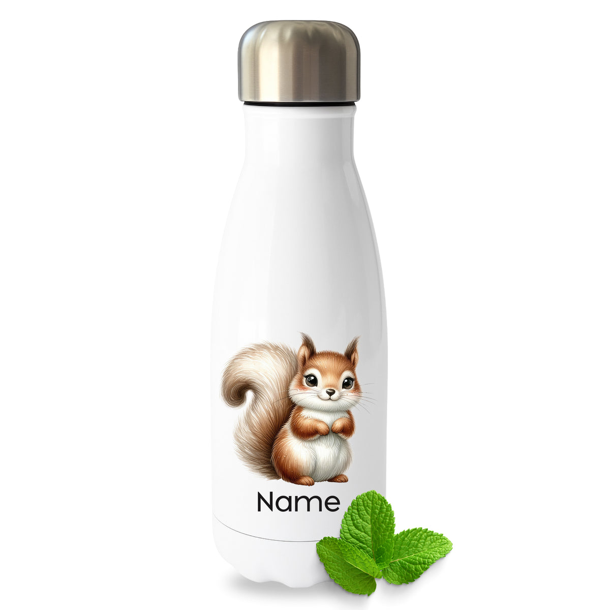 Weiße Thermoflasche mit Eichhörnchenmotiv und Wunschname
