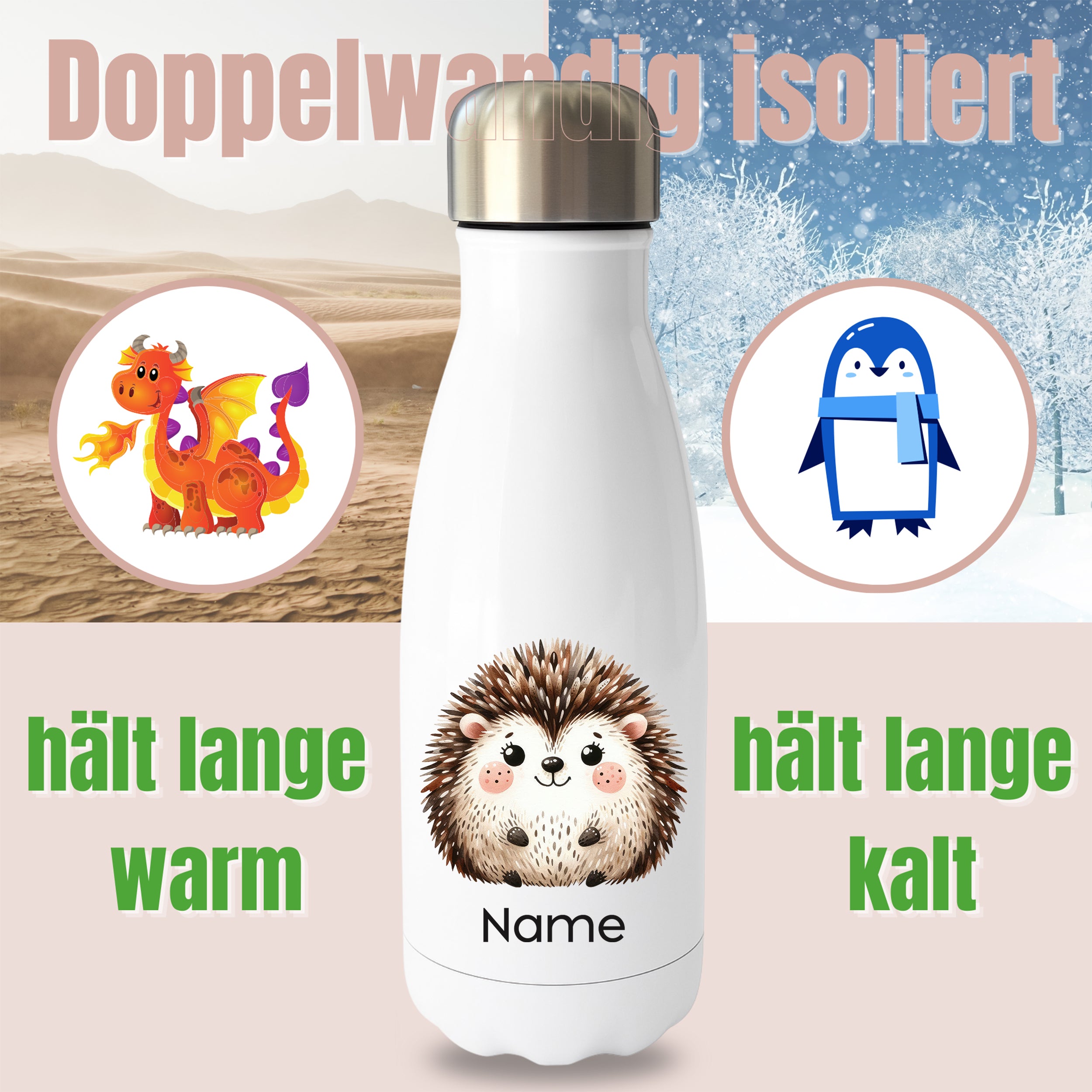 Weiße Thermoflasche mit Igelmotiv und Wunschname vor Produktgrafik