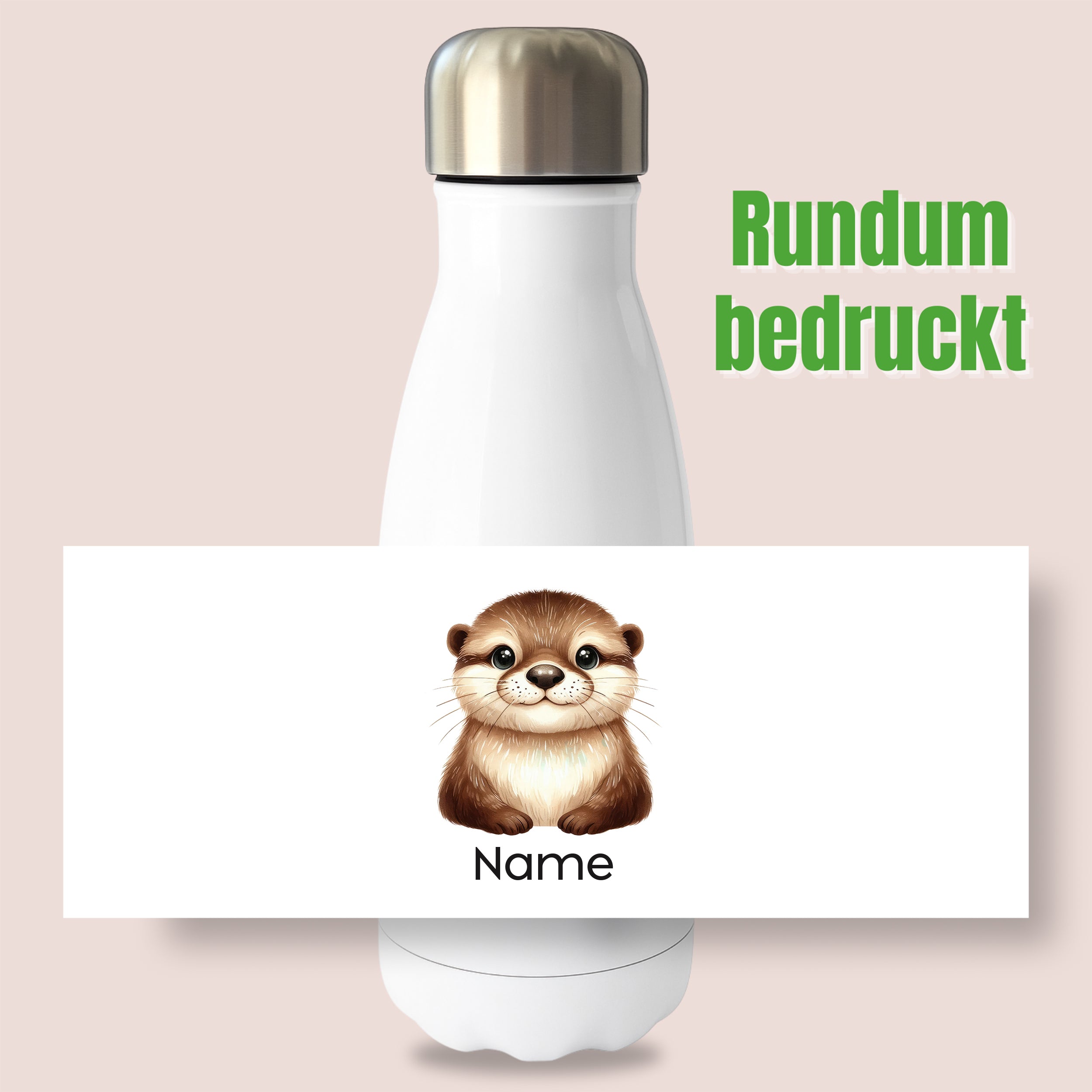 Weiße Thermoflasche mit Ottermotiv und Wunschname, Detailansicht des Druckmotivs