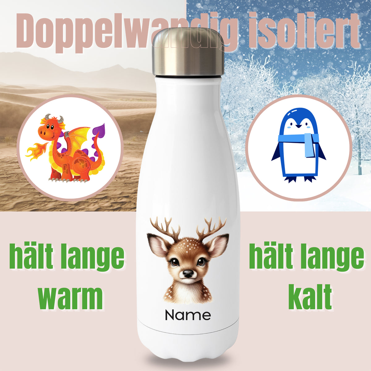 Weiße Thermoflasche mit Rehmotiv und Wunschname vor Produktgrafik