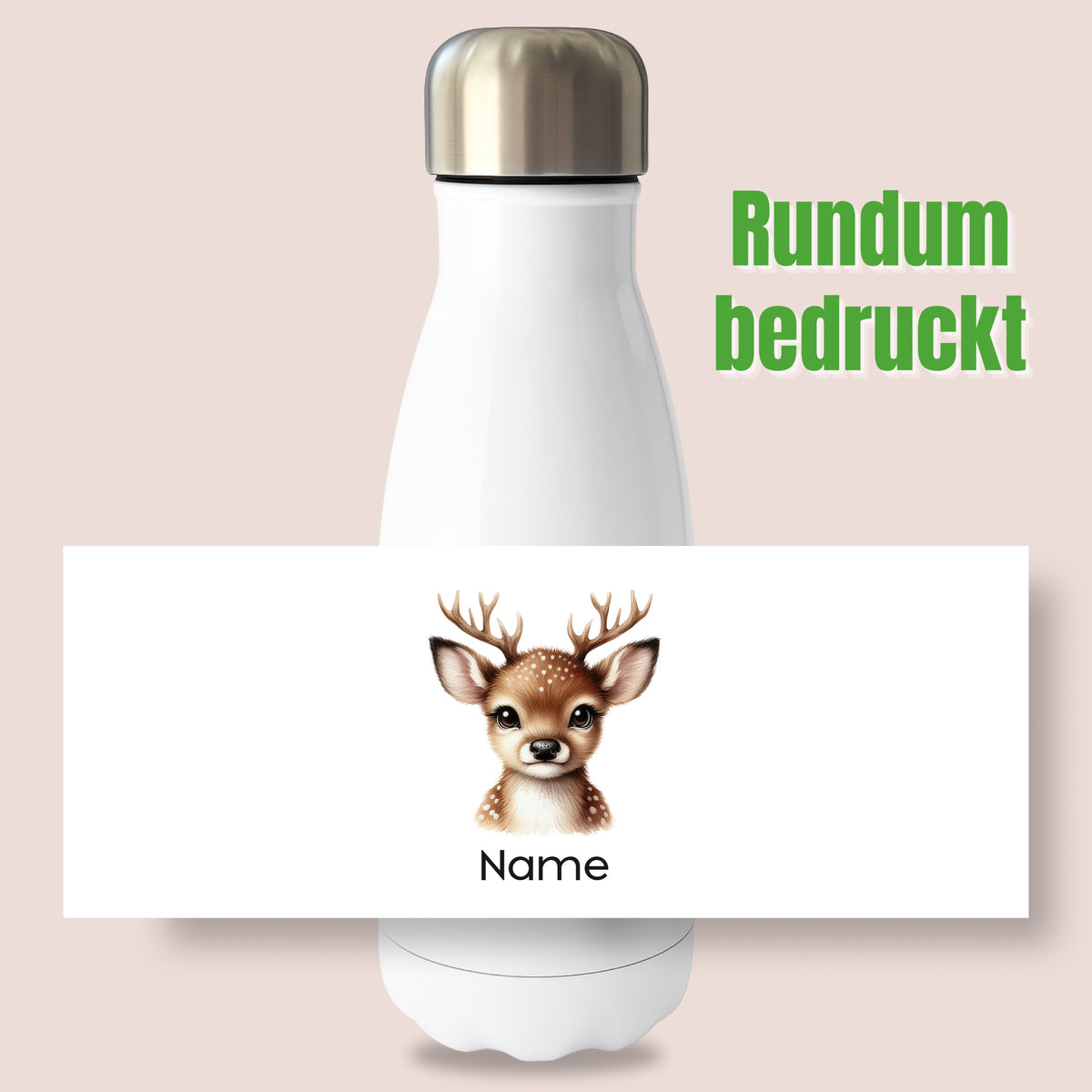 Weiße Thermoflasche mit Rehmotiv und Wunschname, Detailansicht des Druckmotivs