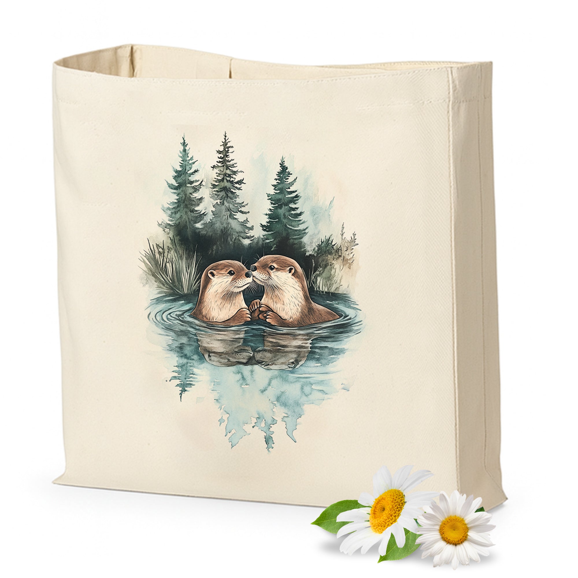 Beige Tasche mit Ottern und Waldmotiv.
