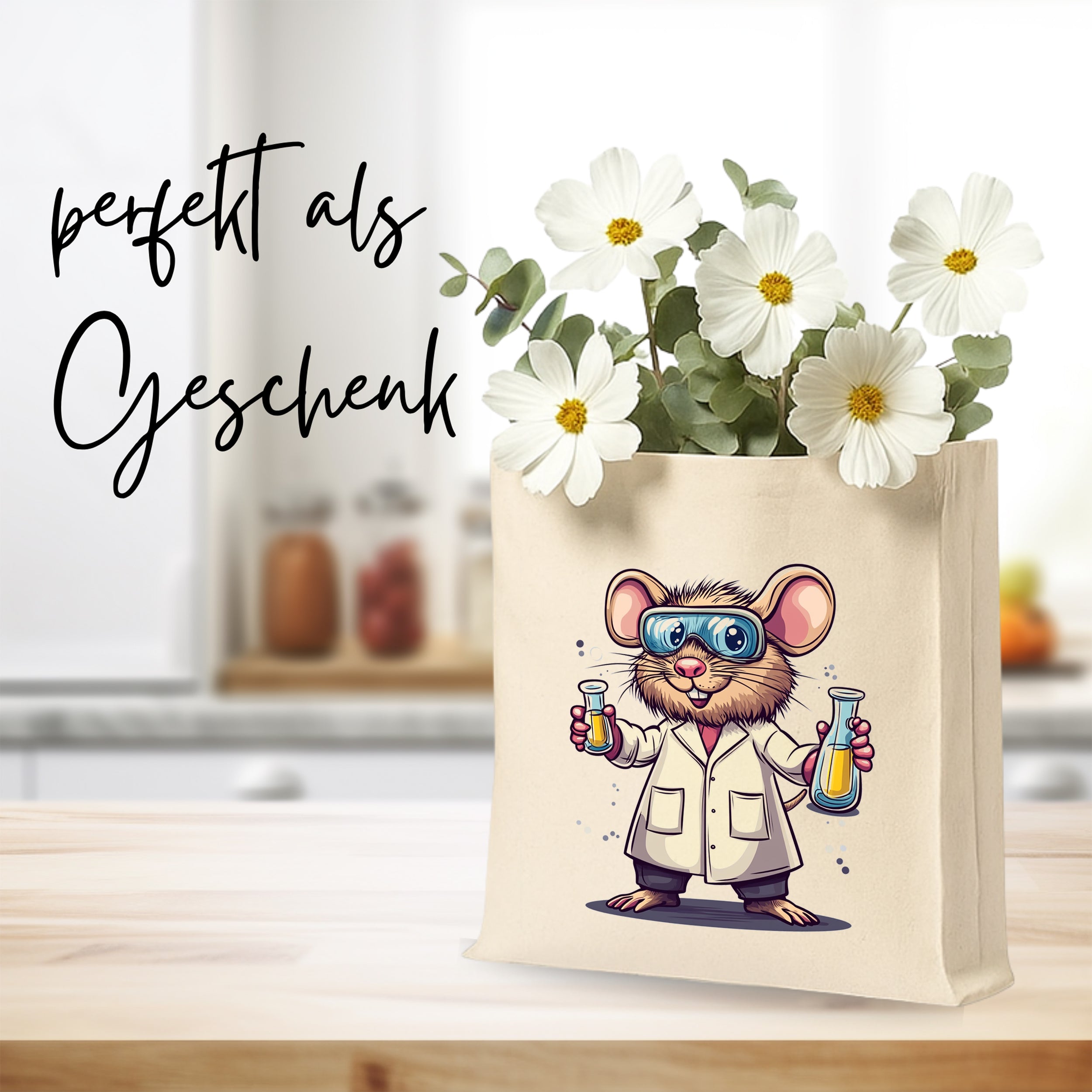 Kreative Geschenktüte mit Wissenschafts-Maus und Blumen.