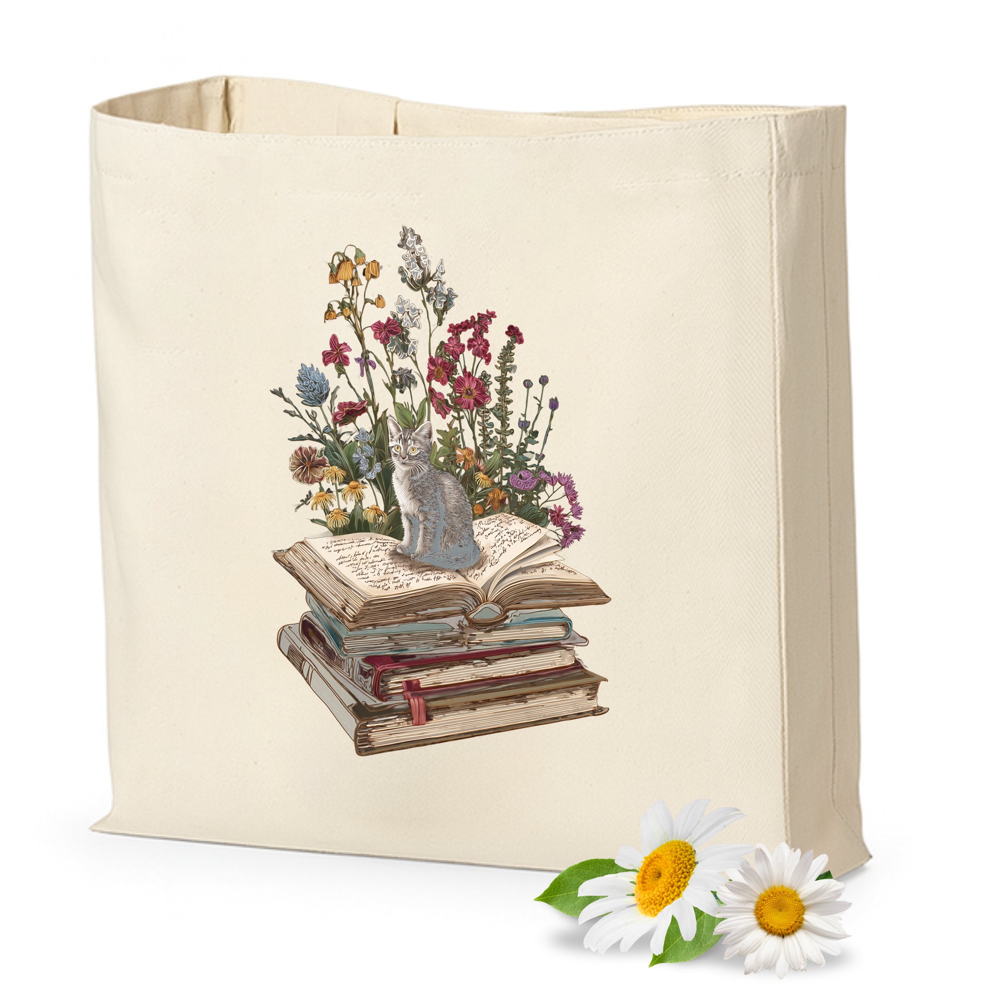 Beige Tasche mit Katze, Blumen und Bücherillustration.