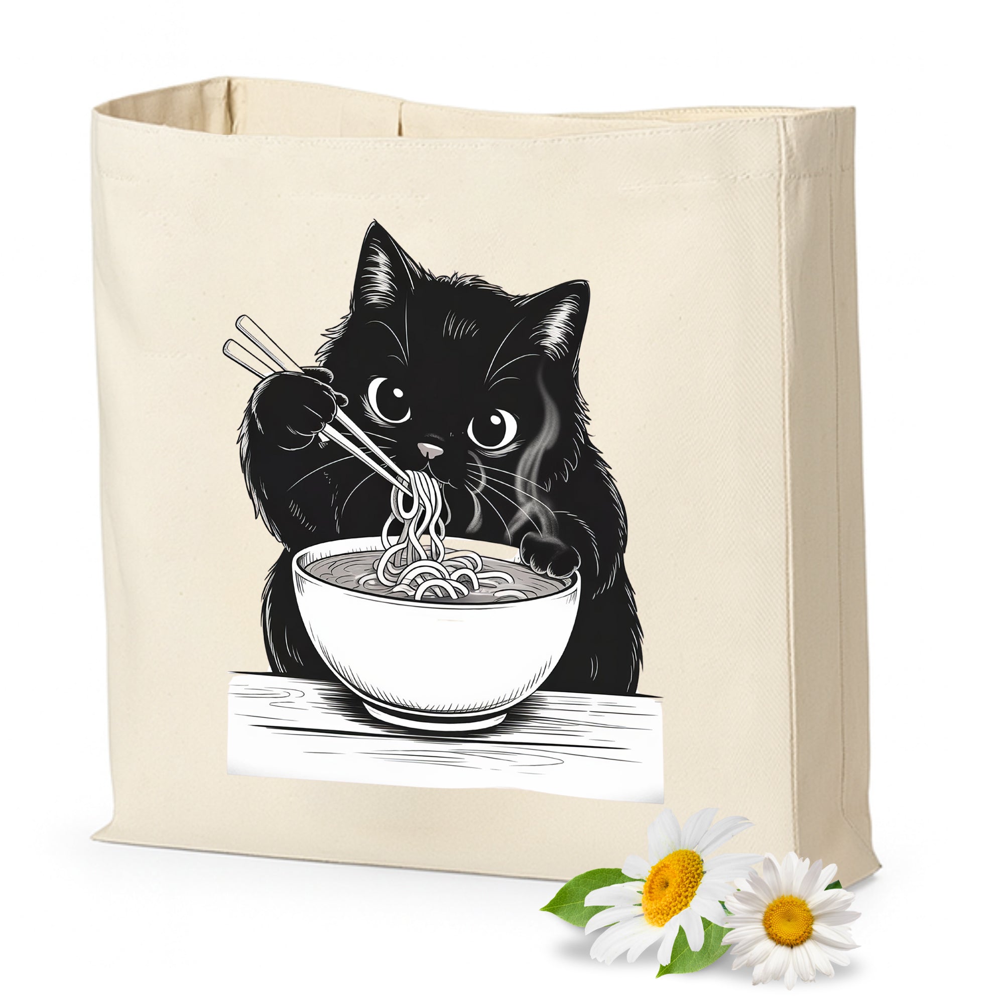 Schwarze Katze mit Nudeln, Baumwolltasche, cremefarben.