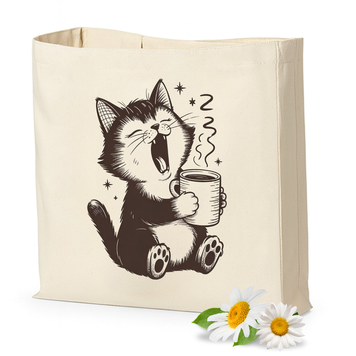 Beige Baumwolltasche mit schnurrendem Kater und Kaffeetasse.