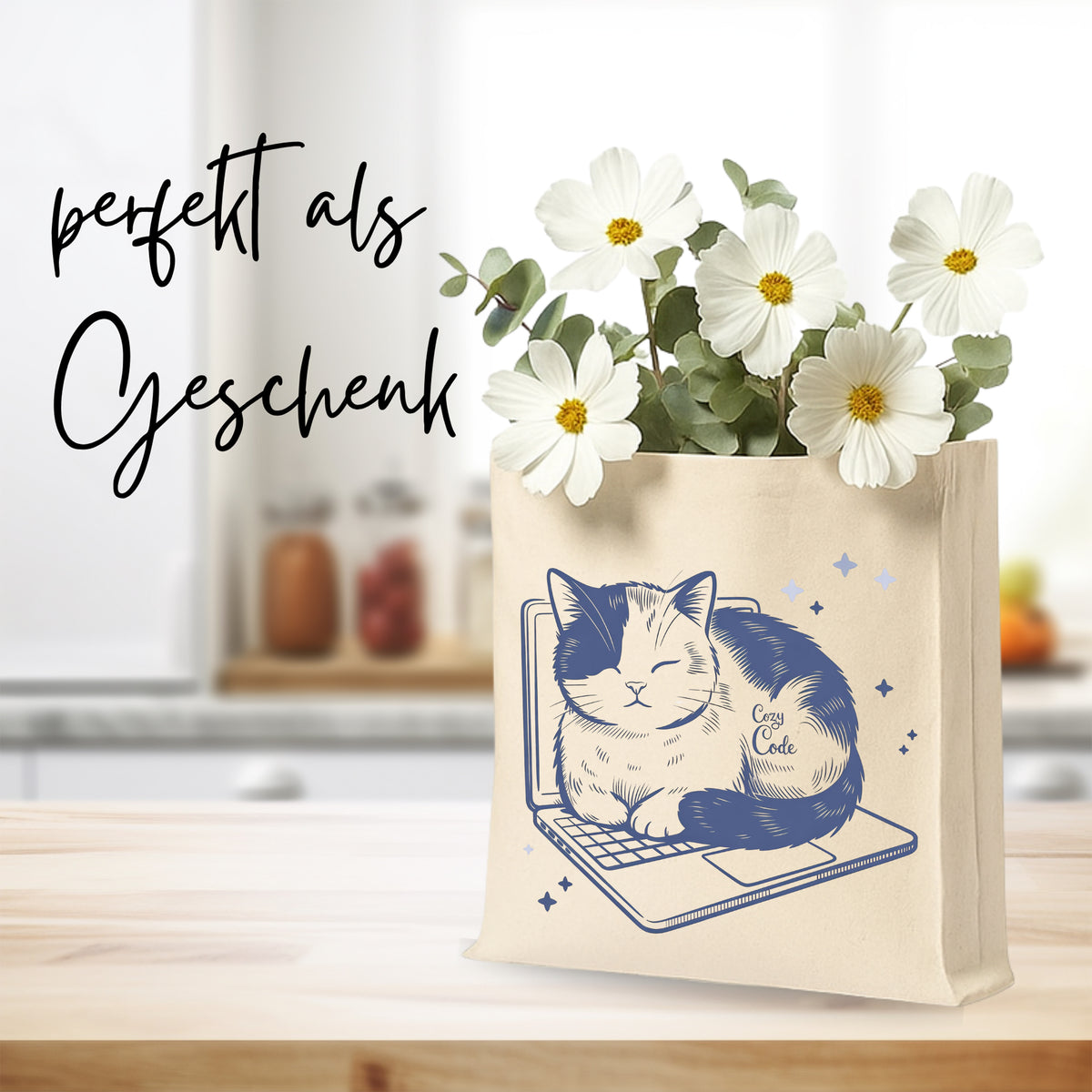 Stoffbeutel mit Katzenmotiv und Blumen, ideal als Geschenk.