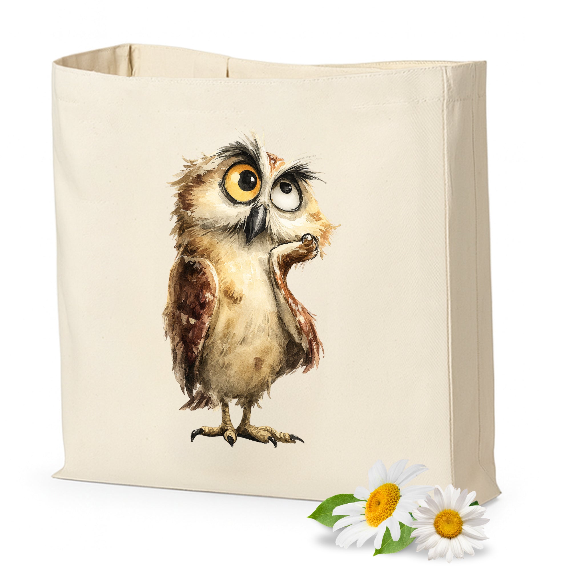 Beige Tasche mit niedlicher Eule und Blumenmotiv.