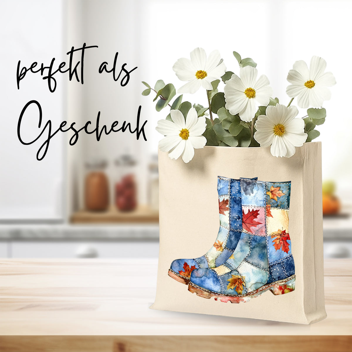 Bunte Gummistiefel-Tasche mit Blumen, ideal als Geschenk.