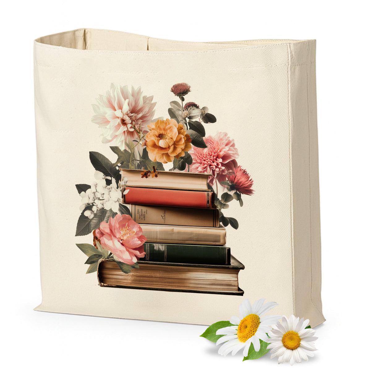 Beige Tasche mit bunten Blumen und gestapelten Büchern.