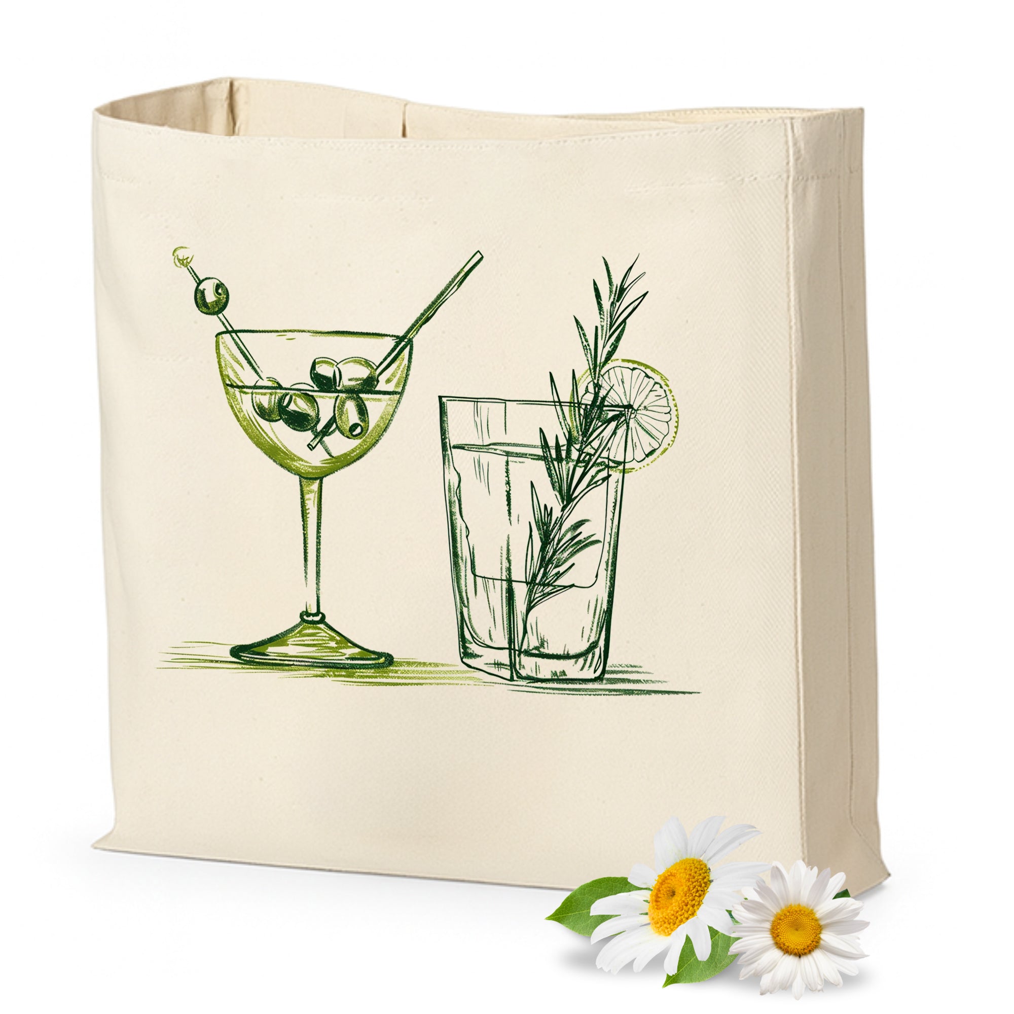 Beige Tragetasche mit grünem Cocktail- und Glas-Design.