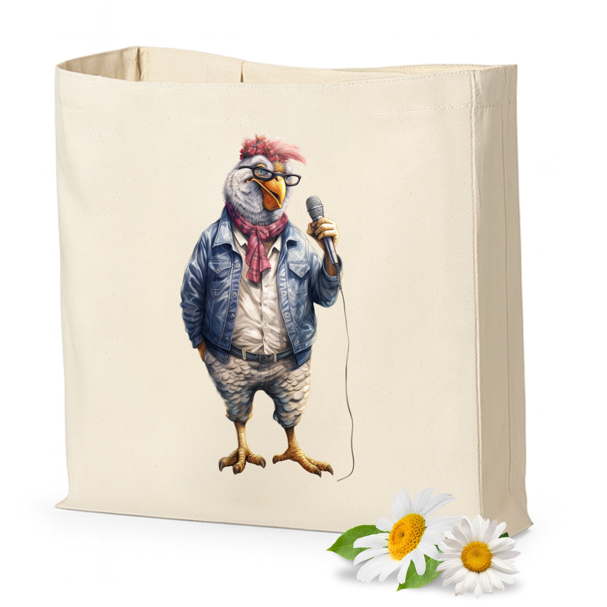 Beige Tasche mit lustigem Vogel im Jeansjacke und Mikrofon.