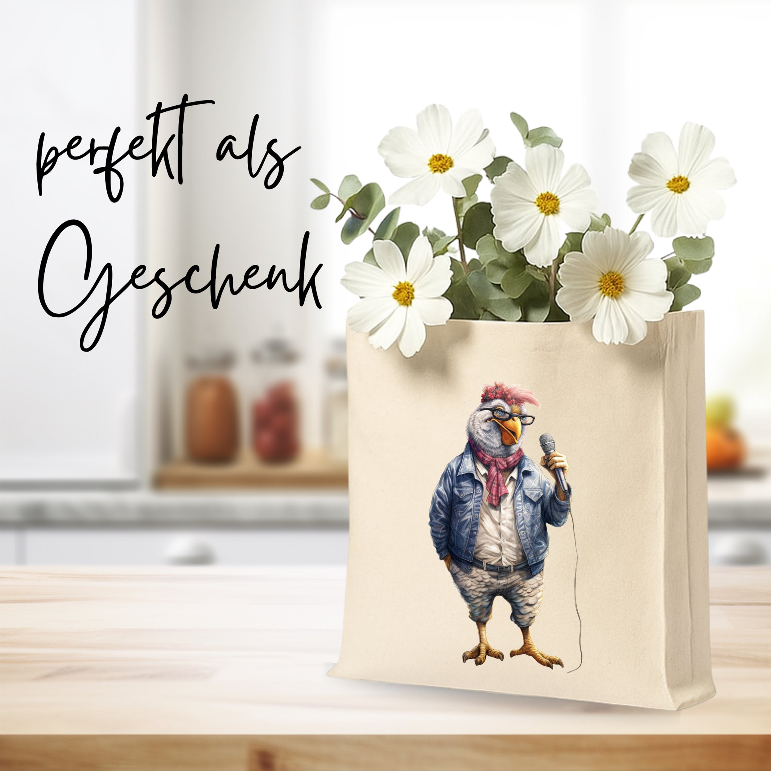 Geschenktüte mit Huhn-Illustration und Blumen.