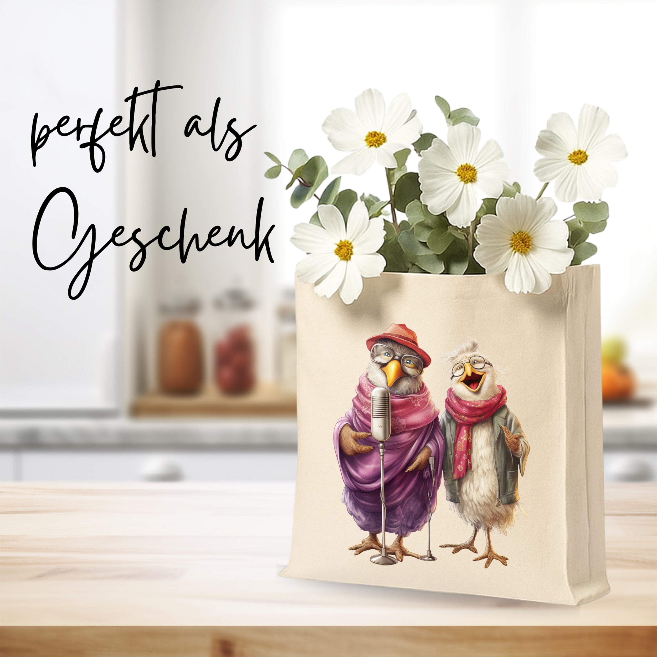 Geschenktüte mit lustigen Vögeln und Blumen.
