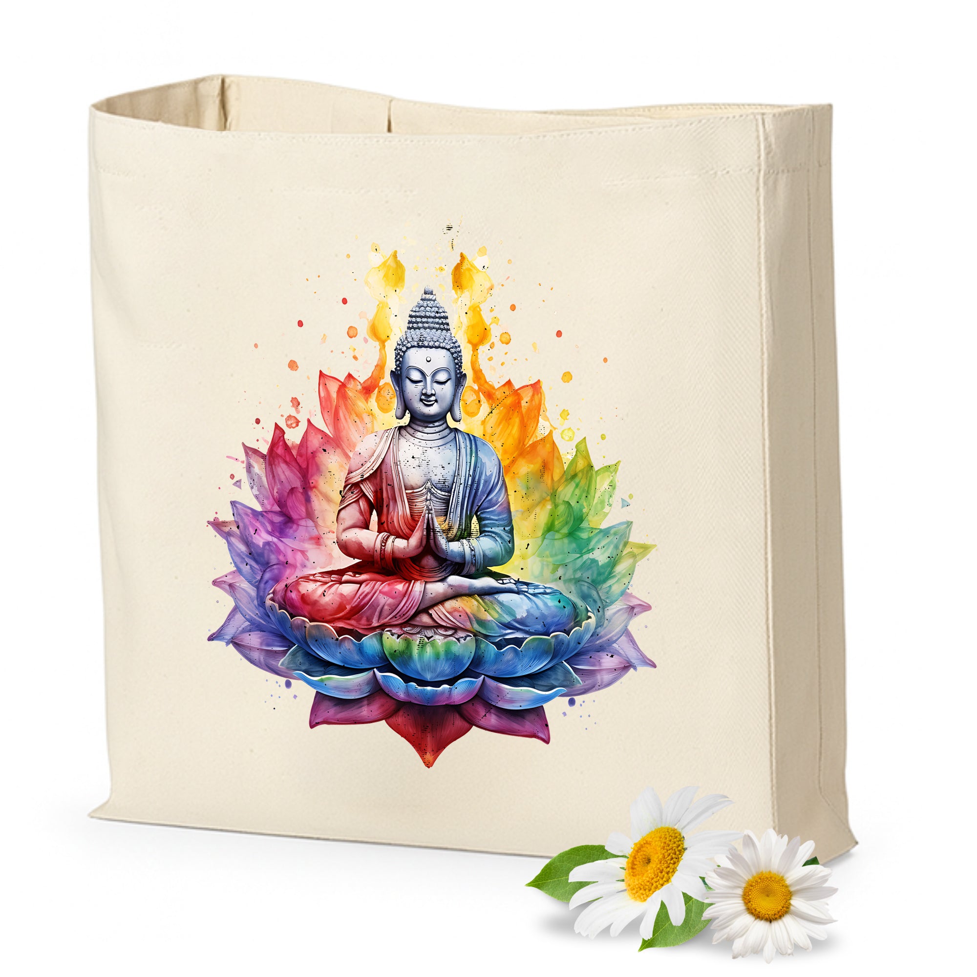 Beige Tasche mit Buddha-Motiv und buntem Lotus.