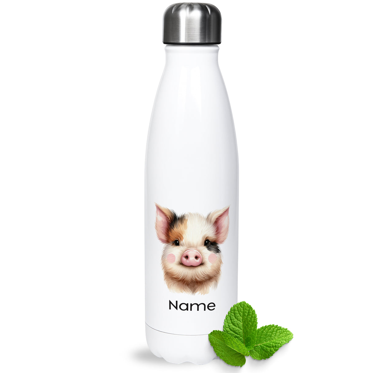 Weiße Thermoflasche mit Schweinchenmotiv und Wunschname