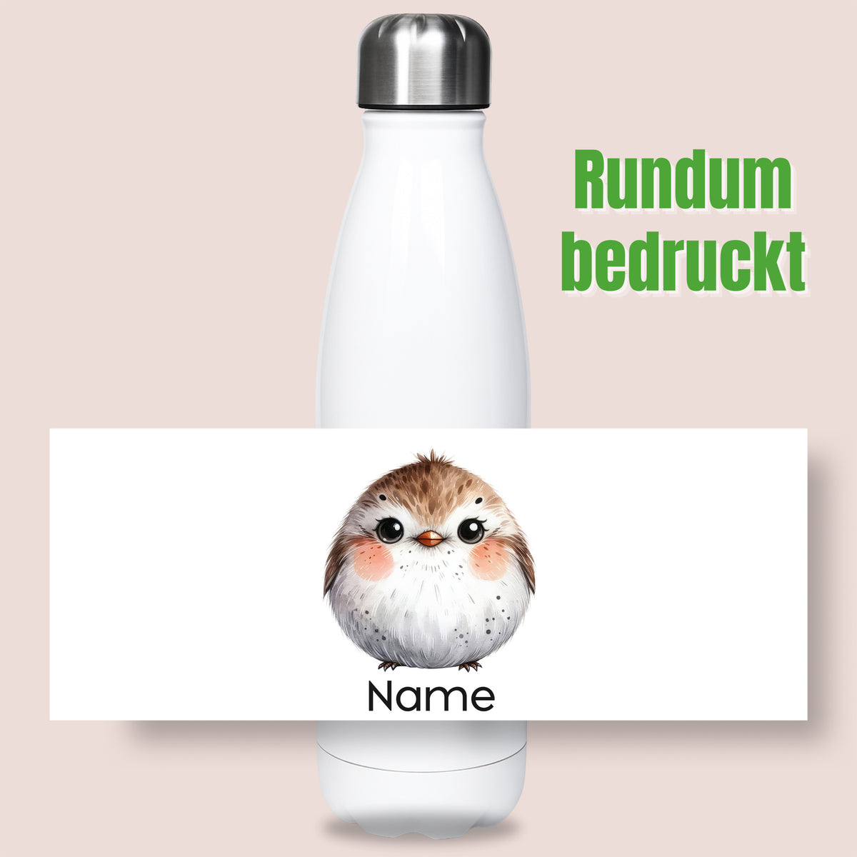 Thermoflasche mit Vogelmotiv und Wunschname, grafische Motivansicht