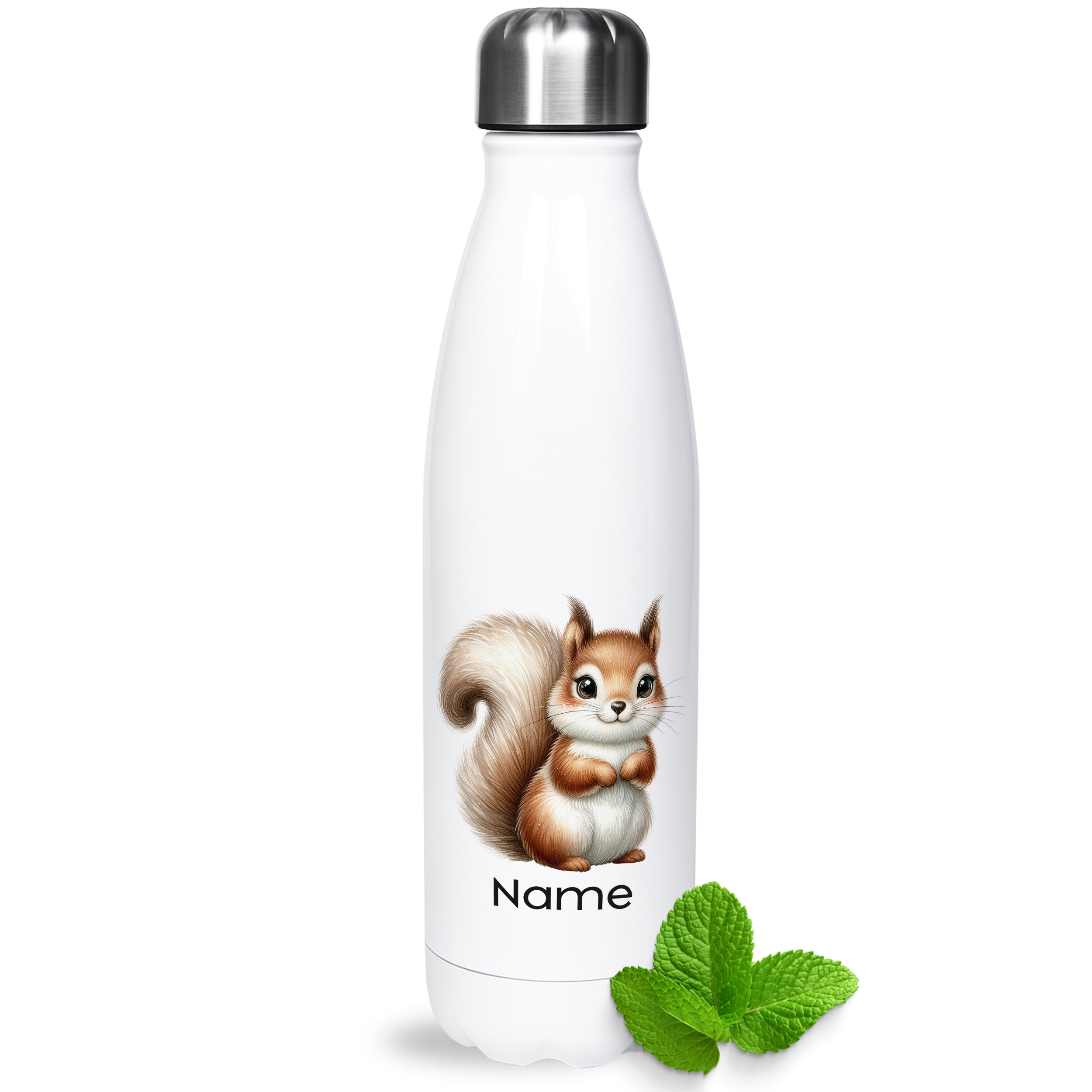 Weiße Thermoflasche mit Eichhörnchenmotiv und Wunschname