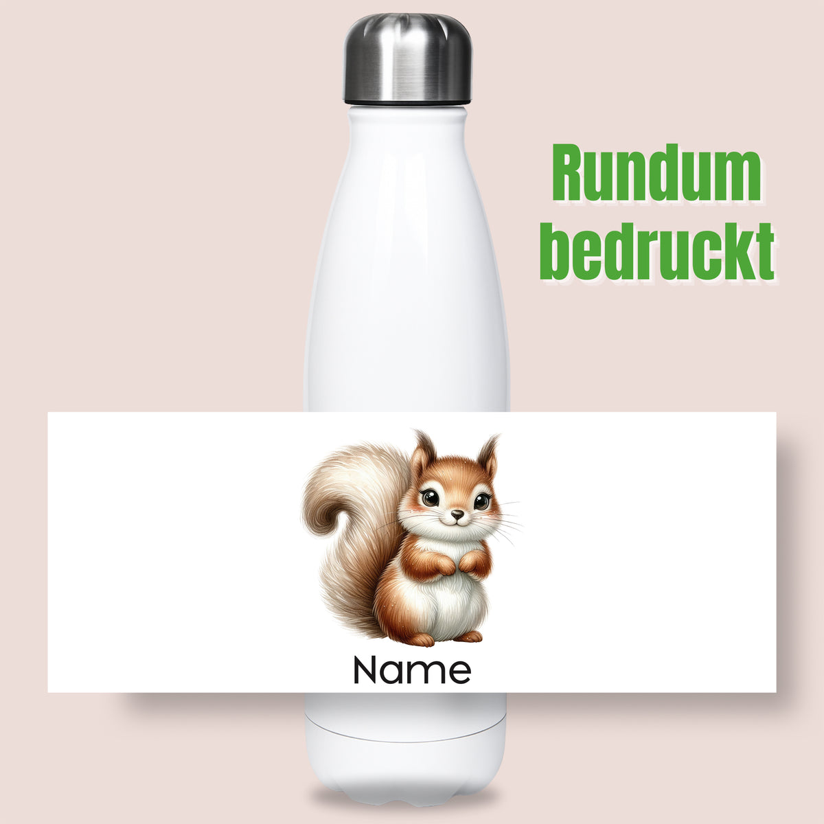 Thermoflasche mit Eichhörnchenmotiv und Wunschname, Ansicht „Rundum bedruckt“