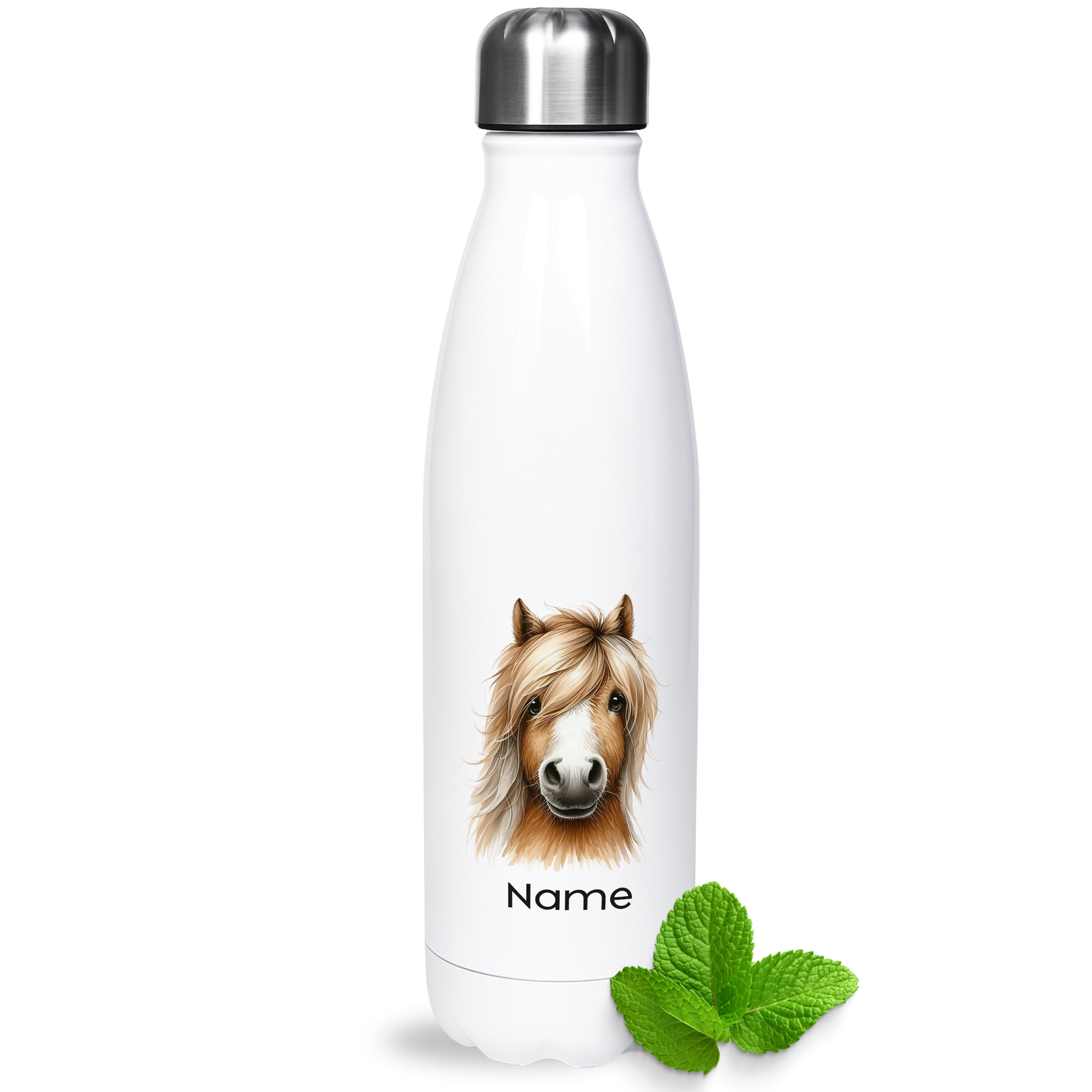 Weiße Thermoflasche mit Pferdemotiv und Wunschname