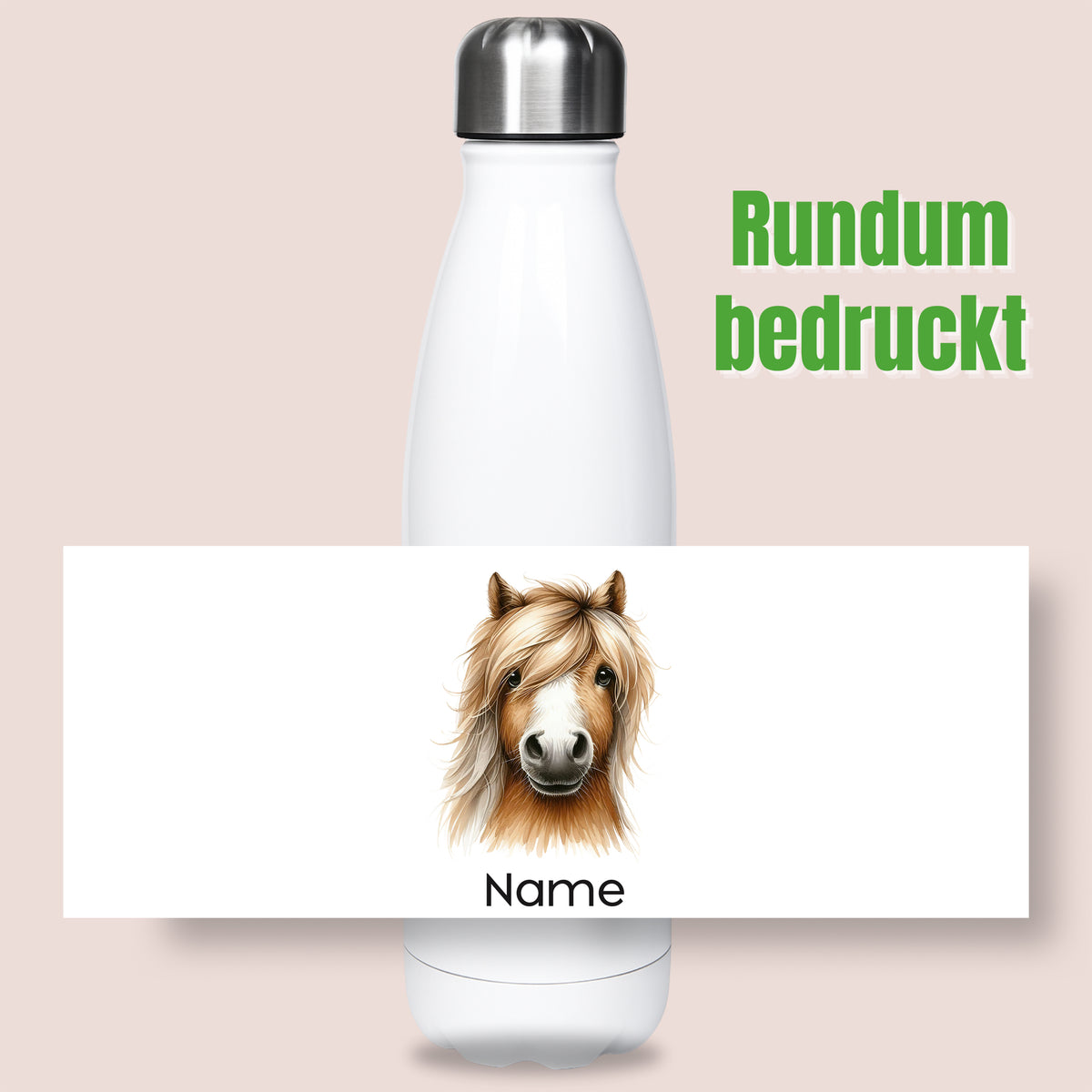 Thermoflasche mit Pferdemotiv und Wunschname, Ansicht „Rundum bedruckt“