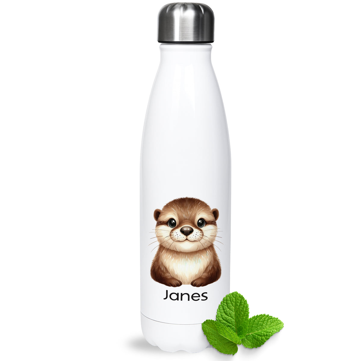 Weiße Thermoflasche mit Ottermotiv und Wunschname