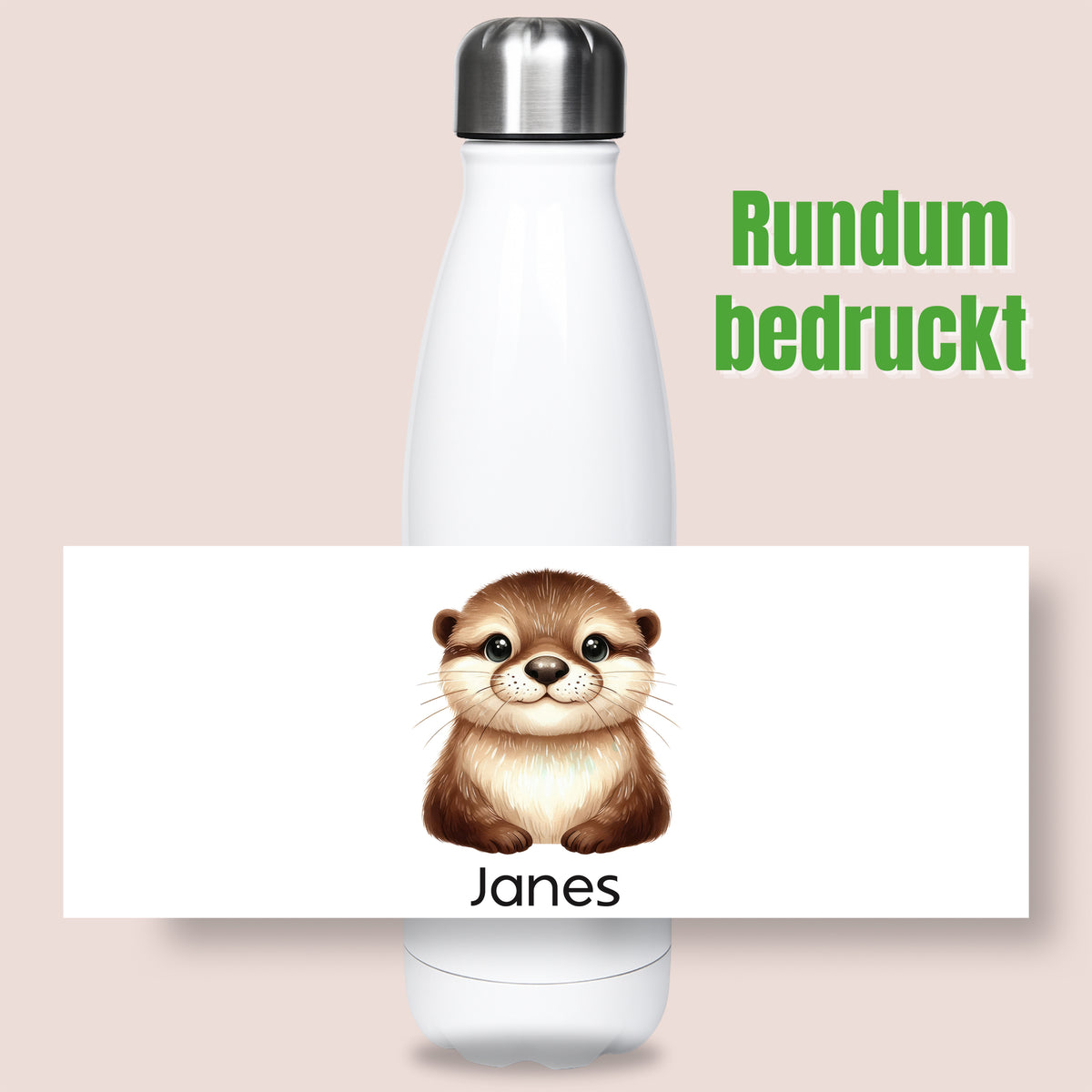 Thermoflasche mit Ottermotiv und Wunschname, Ansicht „Rundum bedruckt“