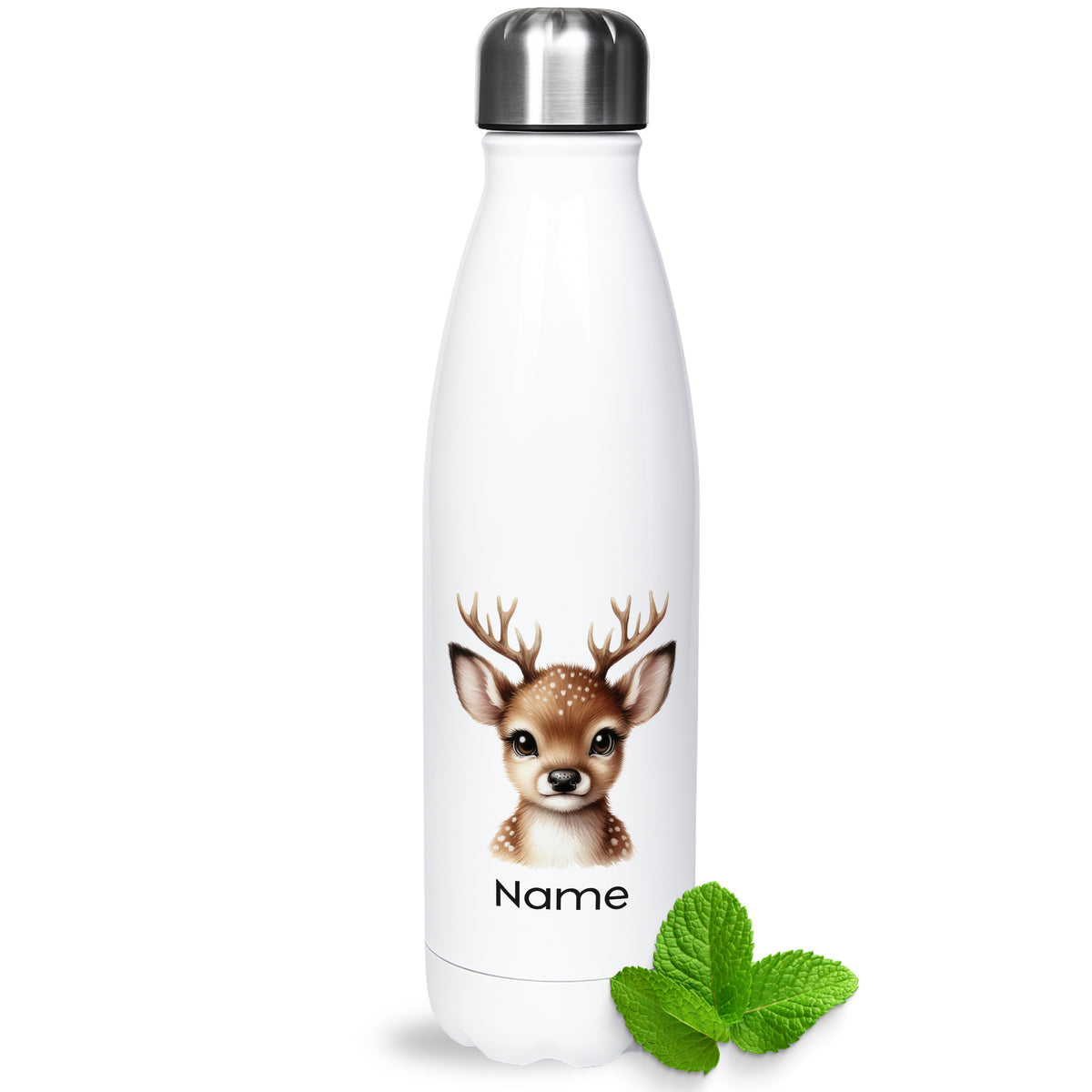 Weiße Thermoflasche mit Rehmotiv und Wunschname