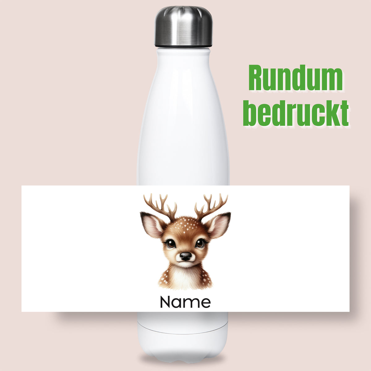 Thermoflasche mit Rehmotiv und Wunschname, Ansicht „Rundum bedruckt“