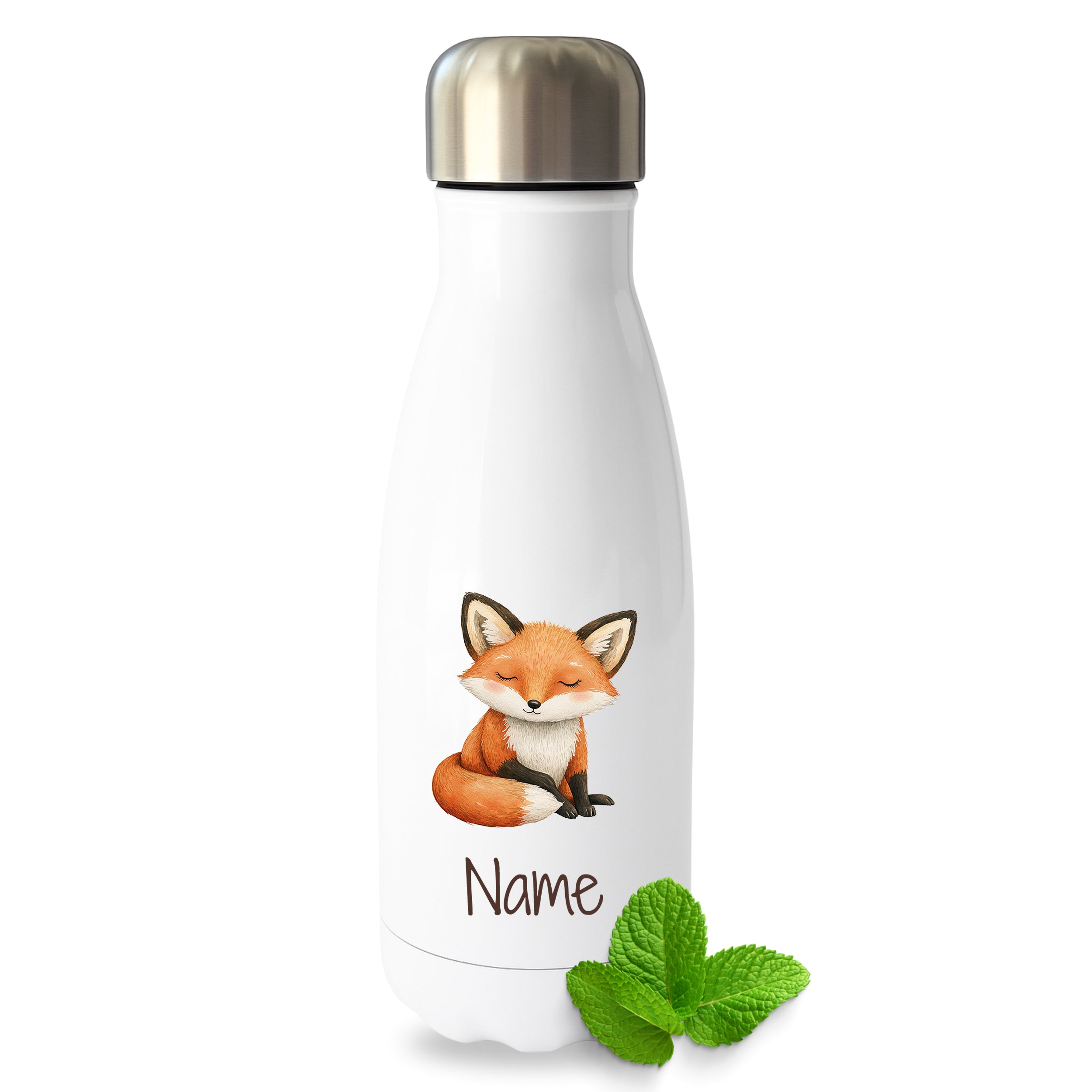 Weiße Thermoflasche mit Fuchsmotiv und Wunschname