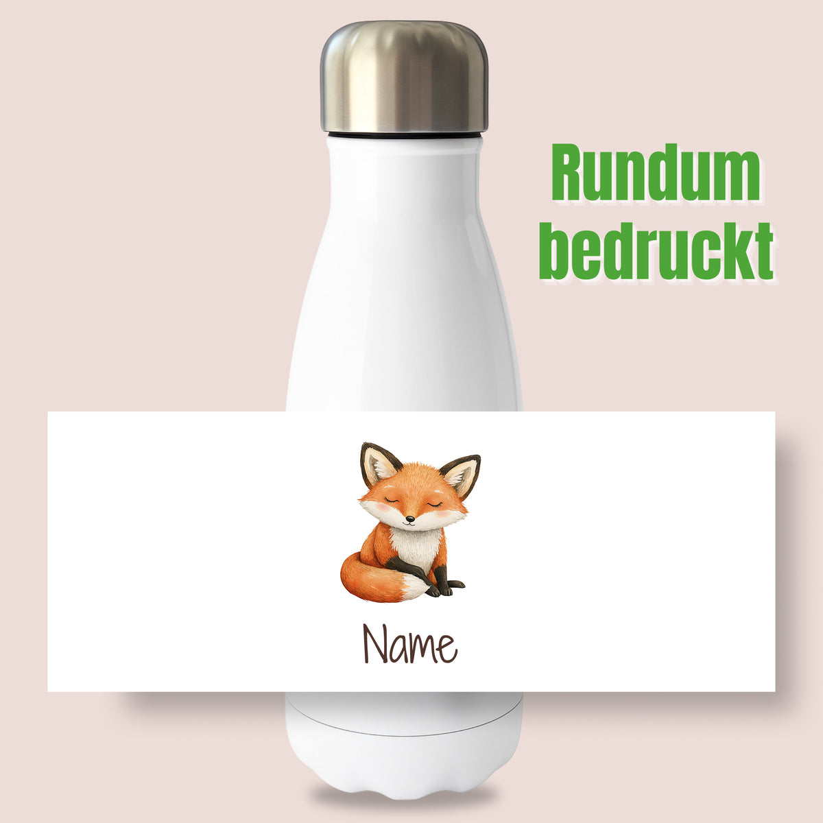 Thermoflasche mit Fuchsmotiv und Wunschname, Ansicht „Rundum bedruckt“