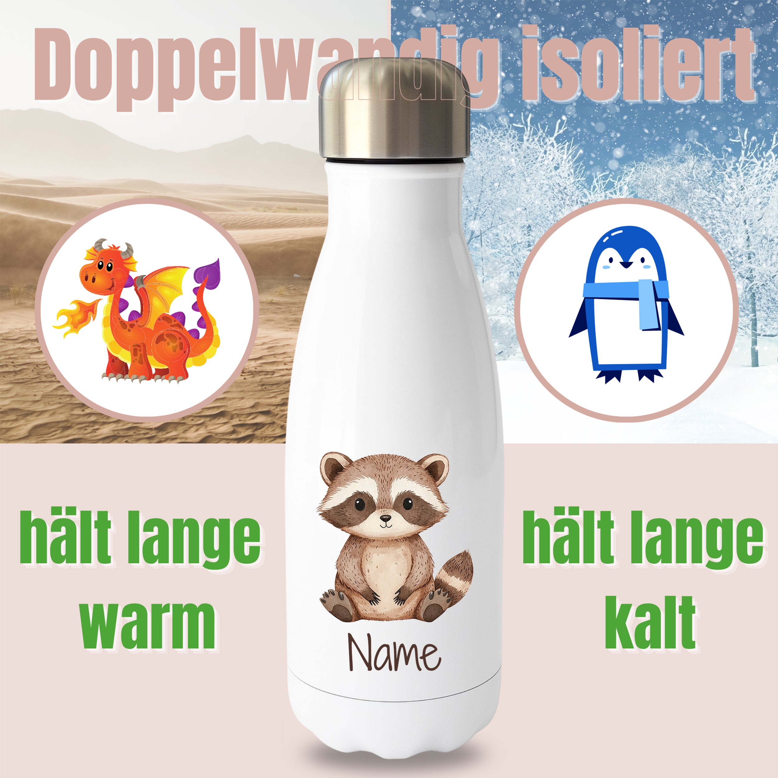 Weiße Thermoflasche mit Waschbärmotiv und Wunschname, Hinweis auf doppelwandige Isolierung